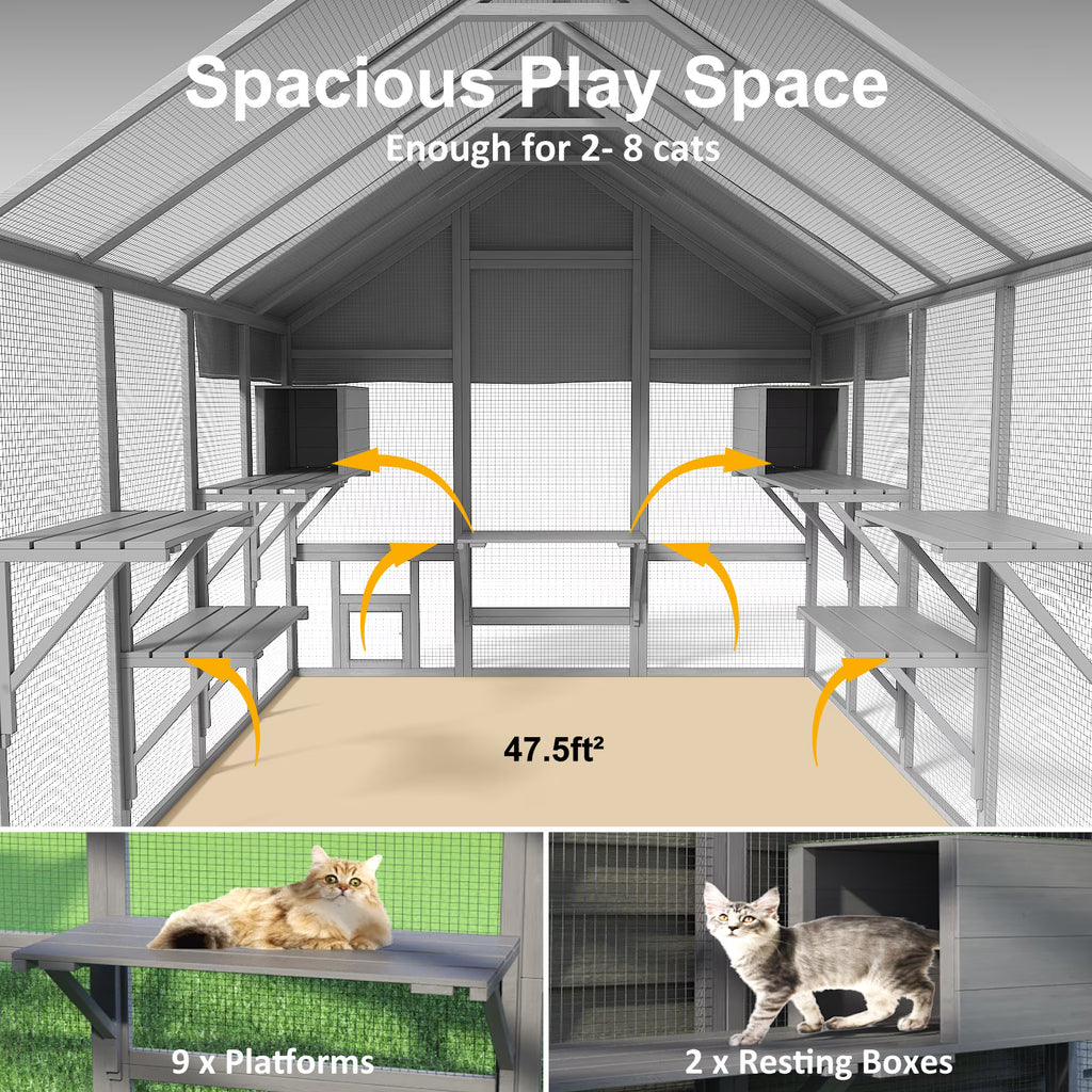 TIMHAKA 97" Outdoor Large Cat Enclosure, Wooden Cat Catio w/ 7 Platforms, 2 Resting Boxes & Weatherproof Cover for Multiple Pets