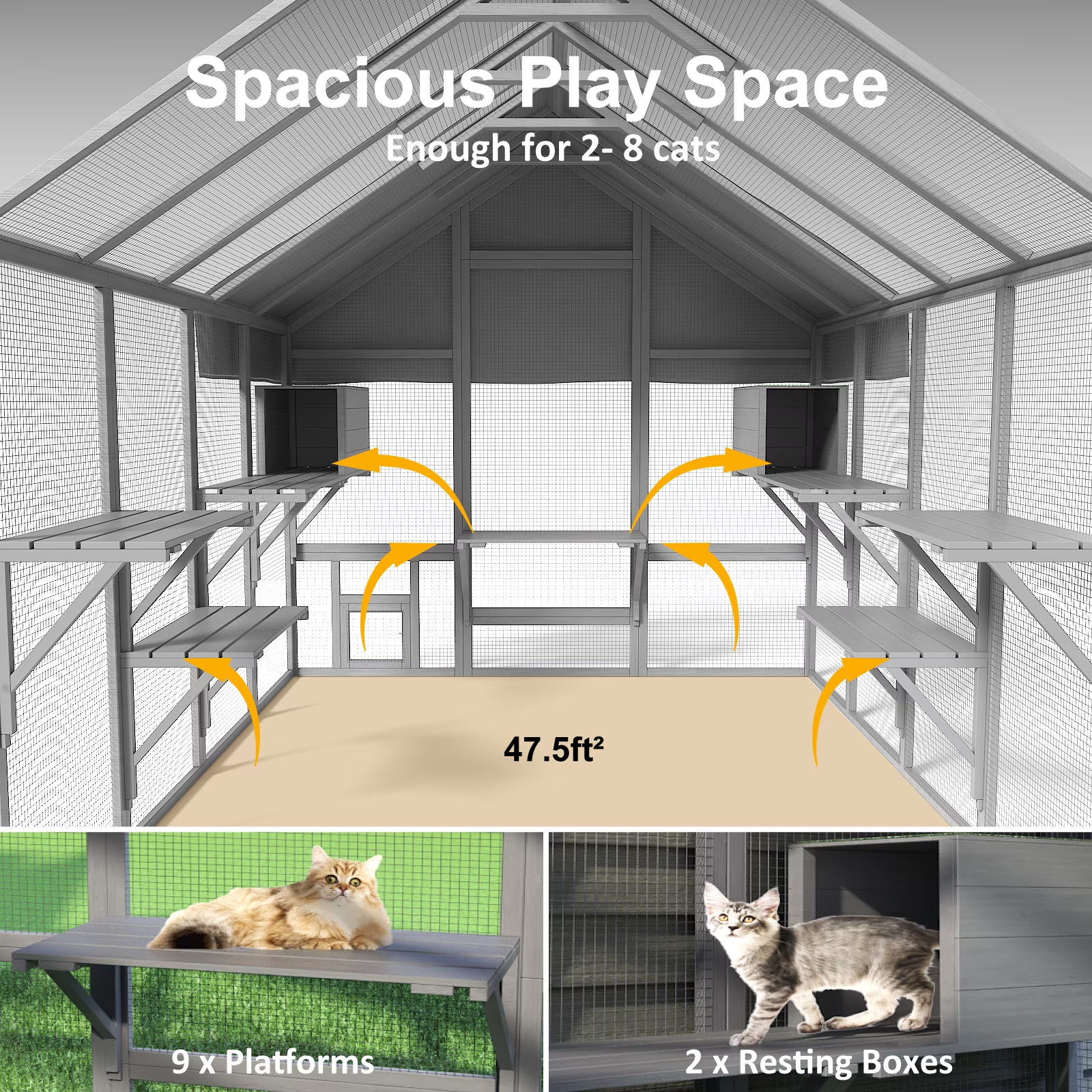 TIMHAKA 97" Outdoor Large Cat Enclosure, Wooden Cat Catio w/ 7 Platforms, 2 Resting Boxes & Weatherproof Cover for Multiple Pets