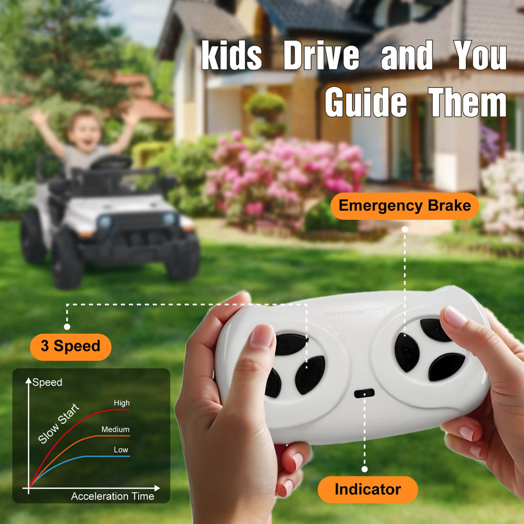 EVOKEDEN 12V Remote Control Ride On Car for Kids, Electric Toddler Car with Spring Suspension, LED Lights & Music, White