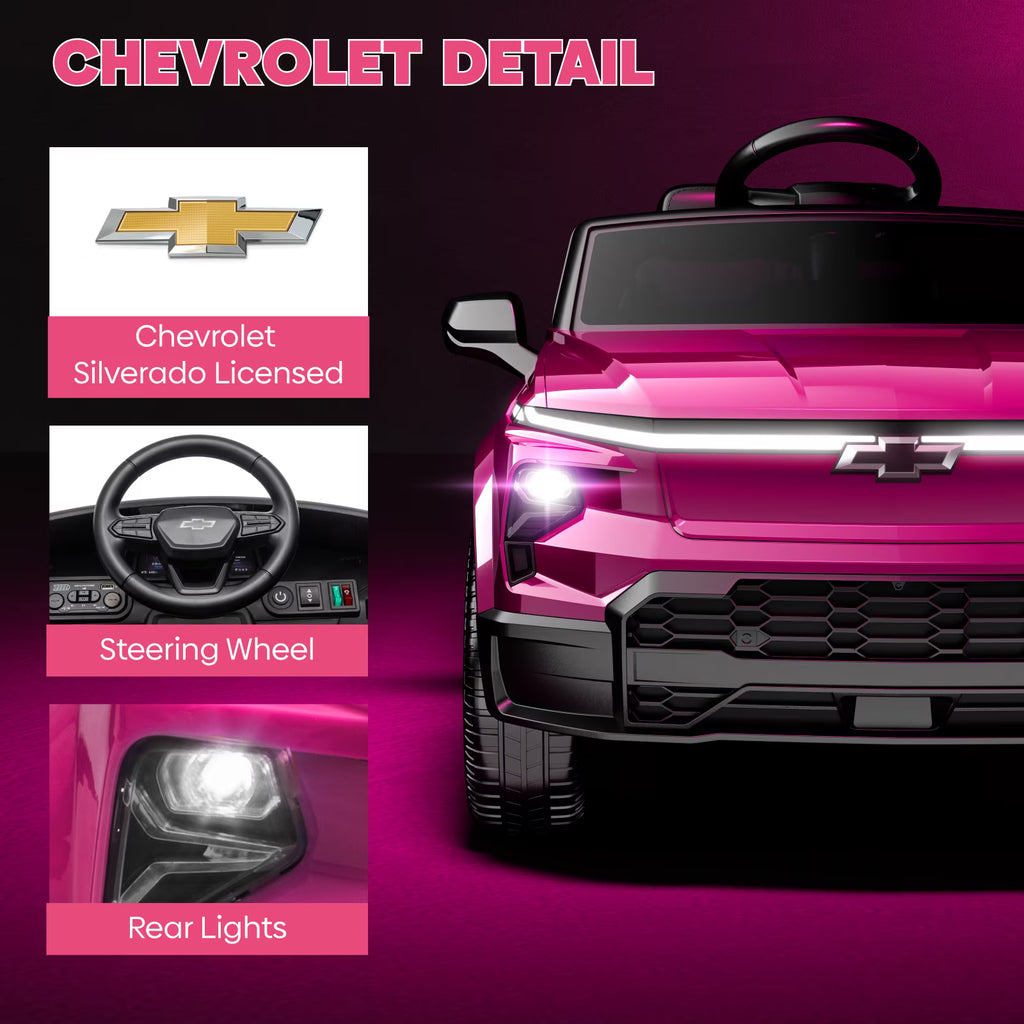EVOKEDEN 24V Licensed Chevrolet Silverado Electric Car for Kids, Ride on Toys for Toddlers with Remote Control, Soft Start, LED Lights, Music Player, Seat Belts, Pink