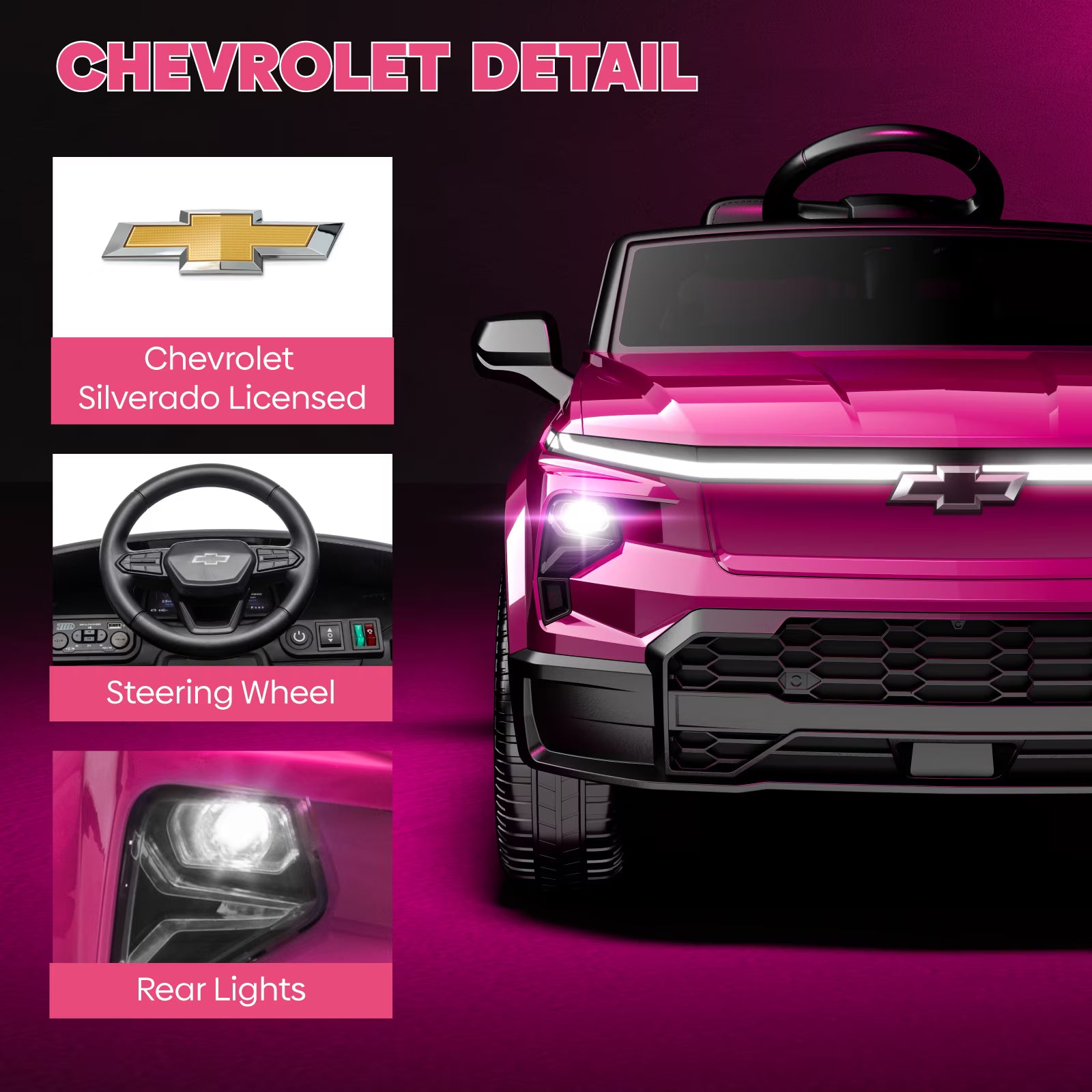 EVOKEDEN 24V Licensed Chevrolet Silverado Electric Car for Kids, Ride on Toys for Toddlers with Remote Control, Soft Start, LED Lights, Music Player, Seat Belts, Pink
