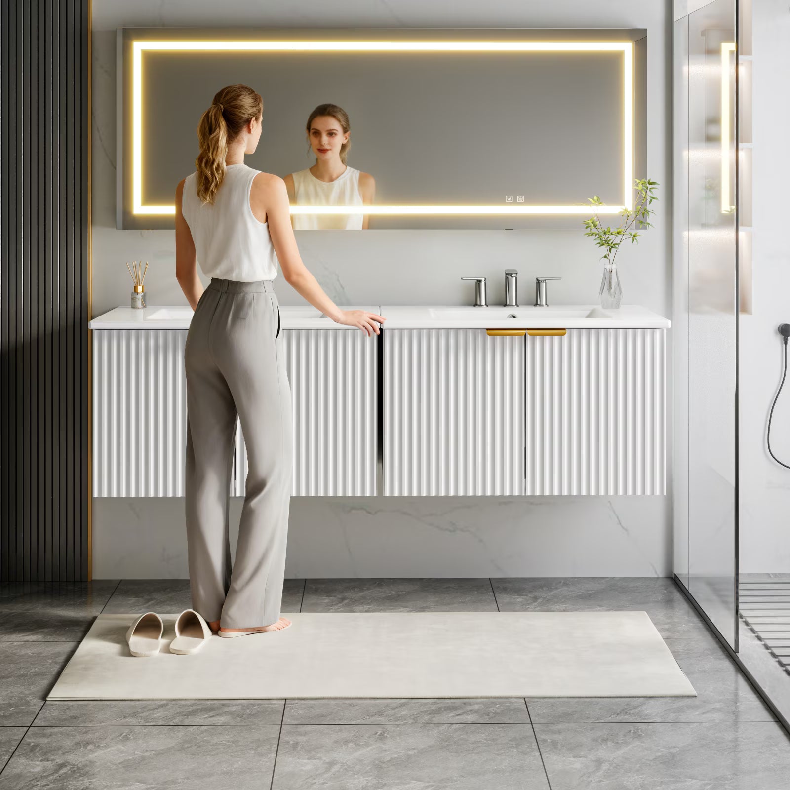 EVOKEDEN 30" Wall Mounted Floating Vanity Cabinet w/ LED Light, Metal Handle & Double Soft-Close Doors, White