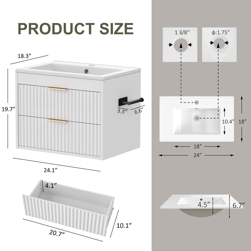 EVOKEDEN 24” Floating Bathroom Vanity with Sink, Wall-Mounted Vanity with 2 Drawers & LED Light, White