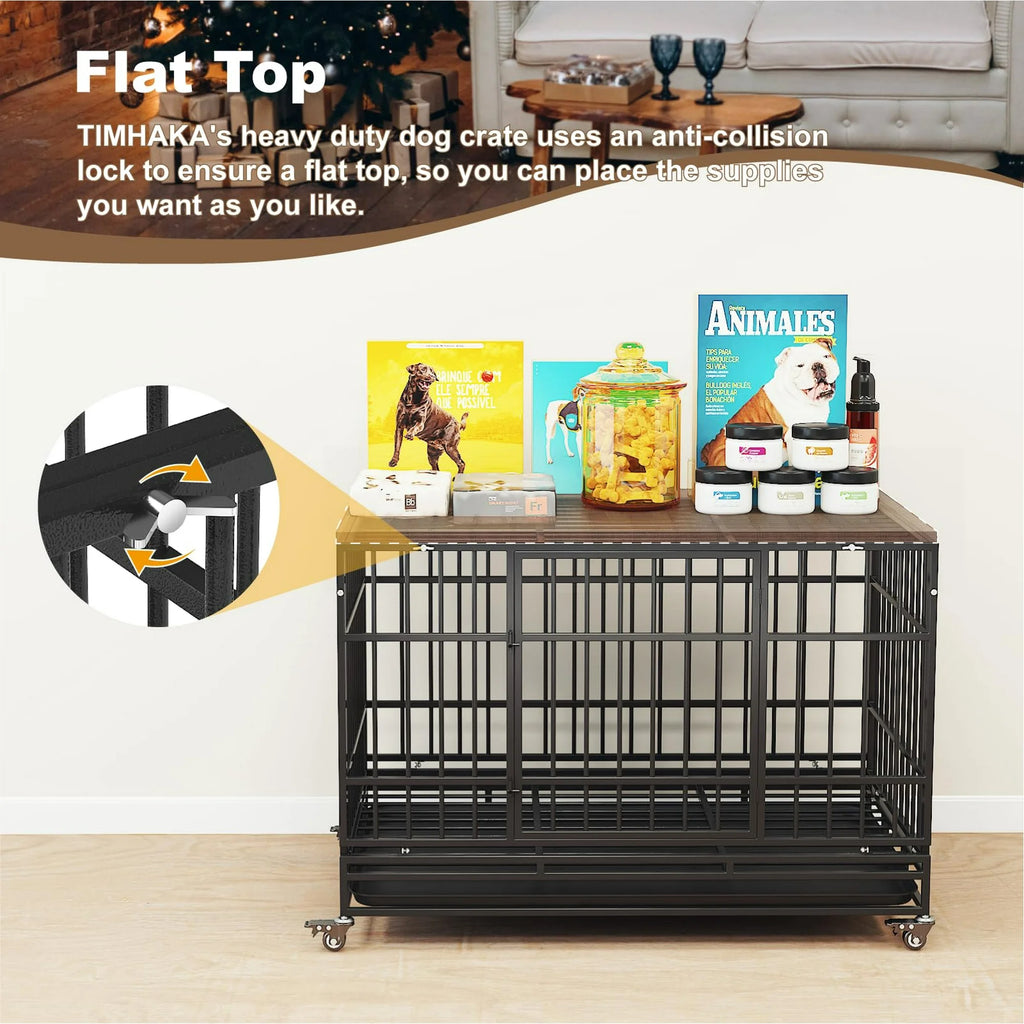 TIMHAKA Heavy Duty 2-Door 48" Pet Kennel and Crate for Large Dogs with Wheels