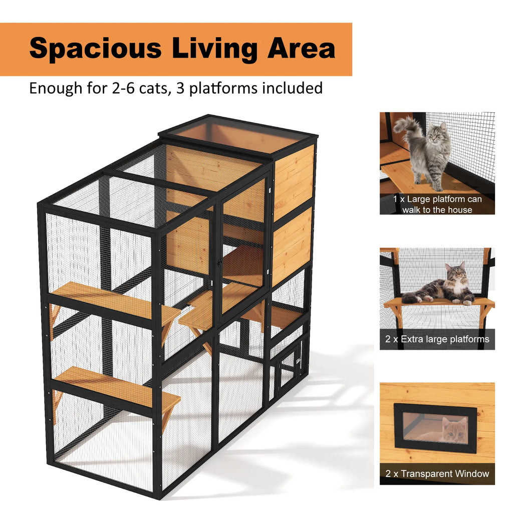 TIMHAKA Catio Outdoor Cat Enclosure Large Wooden Cat House for Mulitiple Cats w/ Resting Box, Platform, Waterproof Roof & Large Door, Black & Yellow