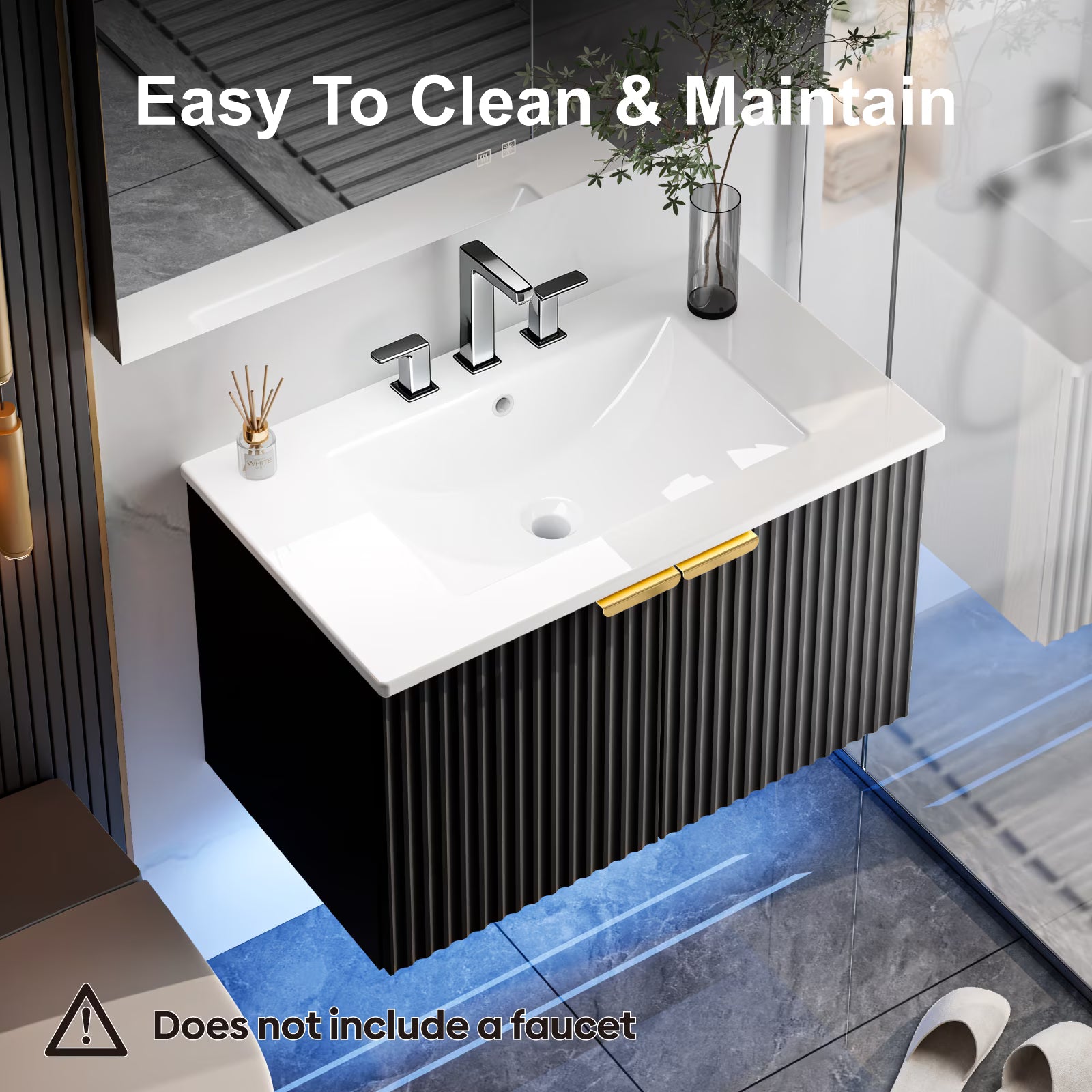 EVOKEDEN 30" Wall Mounted Floating Vanity Cabinet w/ LED Light, Metal Handle & Double Soft-Close Doors, Black