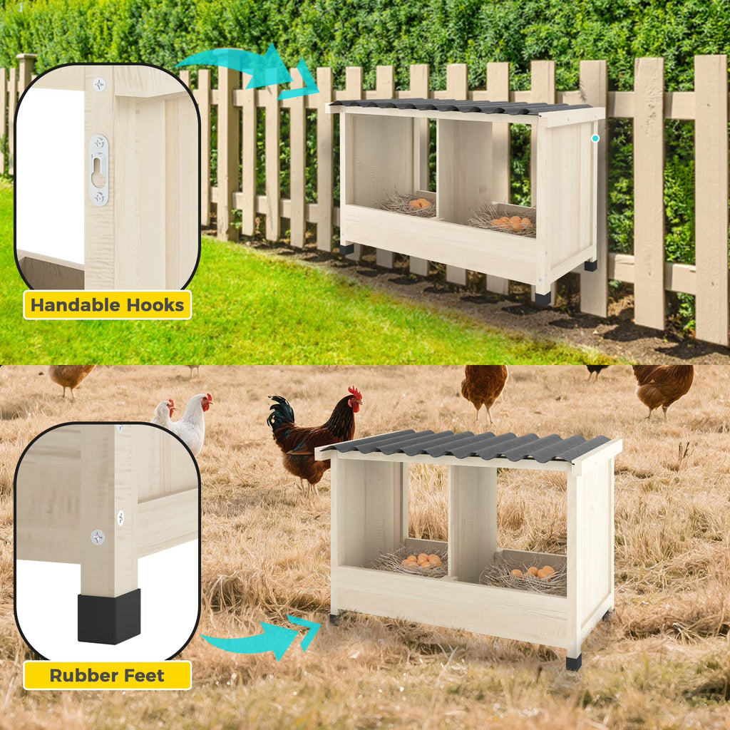 TIMHAKA Chicken Nesting Box, 2 Holes Wooden Chicken Coop w/ PVC Roof for Hens, Ducks, and Poultry