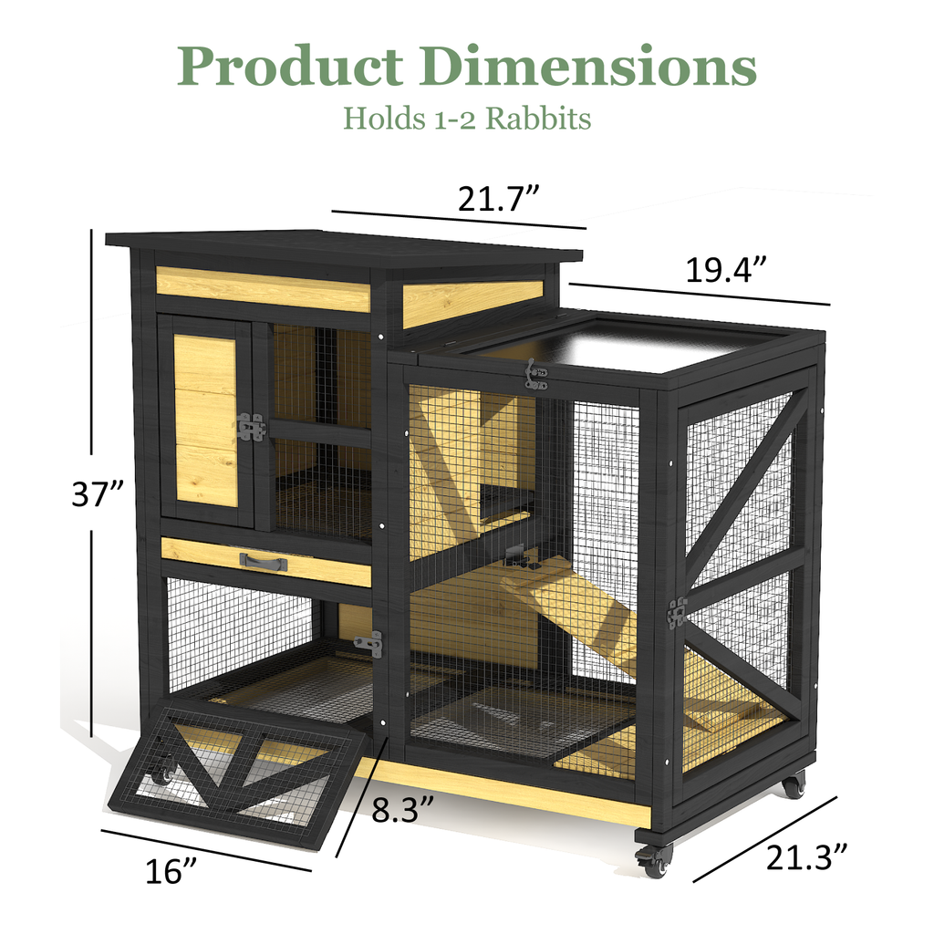 TIMHAKA Large 2-Story Rabbit Cage with Run – Indoor & Outdoor Bunny Hutch 2 Removable Trays, Waterproof Roof, 4 Metal Wheels