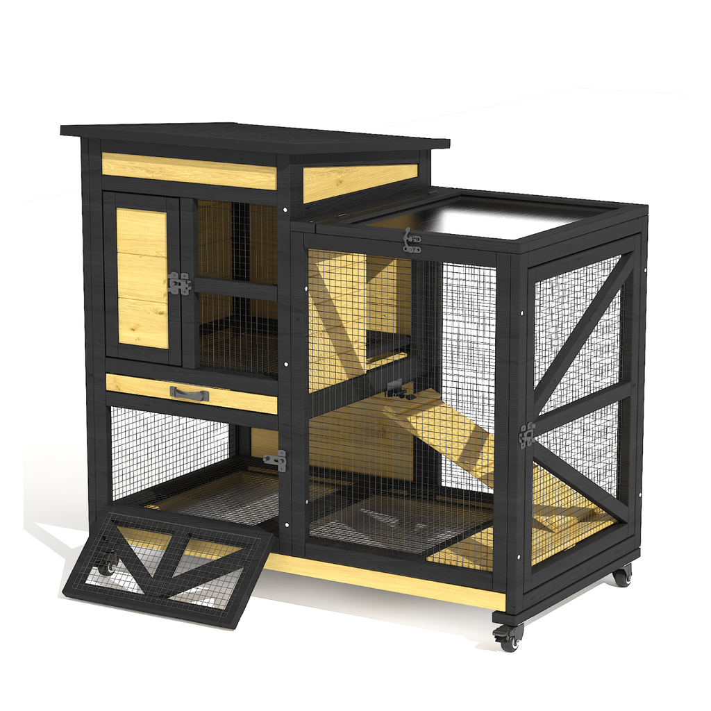TIMHAKA Large 2-Story Rabbit Cage with Run – Indoor & Outdoor Bunny Hutch 2 Removable Trays, Waterproof Roof, 4 Metal Wheels