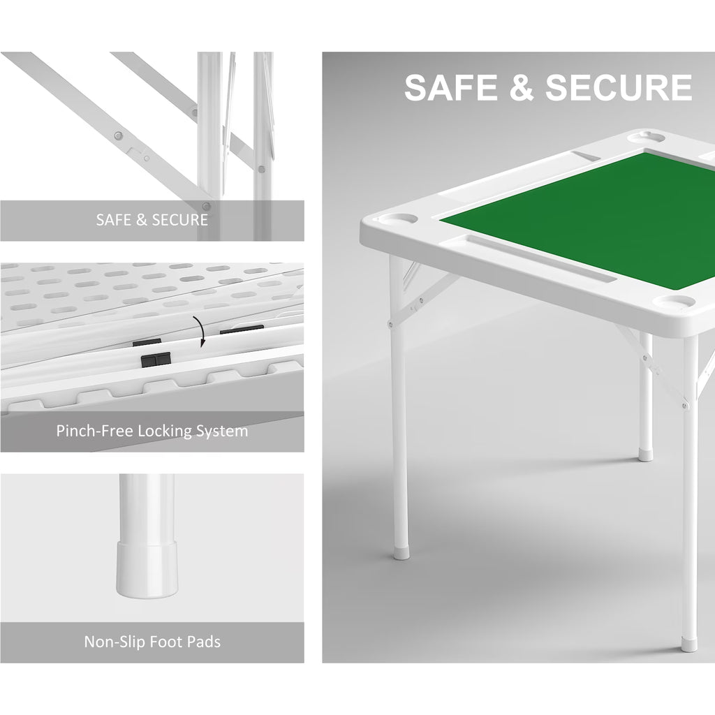 EVOKEDEN 35.4" Folding Mahjong Table with Cup Holder & Green Felt, Portable Domino Tables for 4 Players, White
