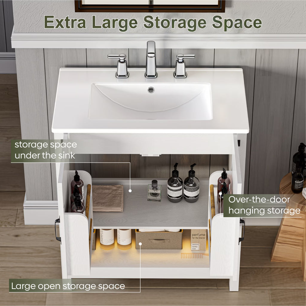 EVOKEDEN 30" Bathroom Vanity w/ Ceramic Sink & LED Light, Freestanding Storage Cabinet w/ Organizer, White