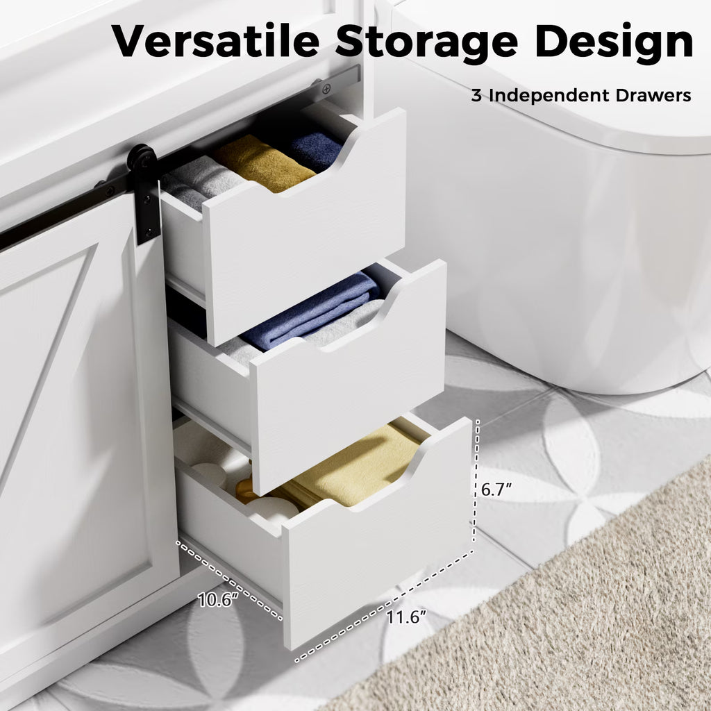 EVOKEDEN 30" Bathroom Vanity with Sink, Bathroom Storage Cabinet with Sliding Barn Door, Farmhouse Bathroom Cabinet with 3 Drawers, White