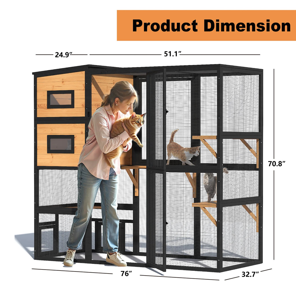 TIMHAKA Catio Outdoor Cat Enclosure Large Wooden Cat House for Mulitiple Cats w/ Resting Box, Platform, Waterproof Roof & Large Door, Black & Yellow