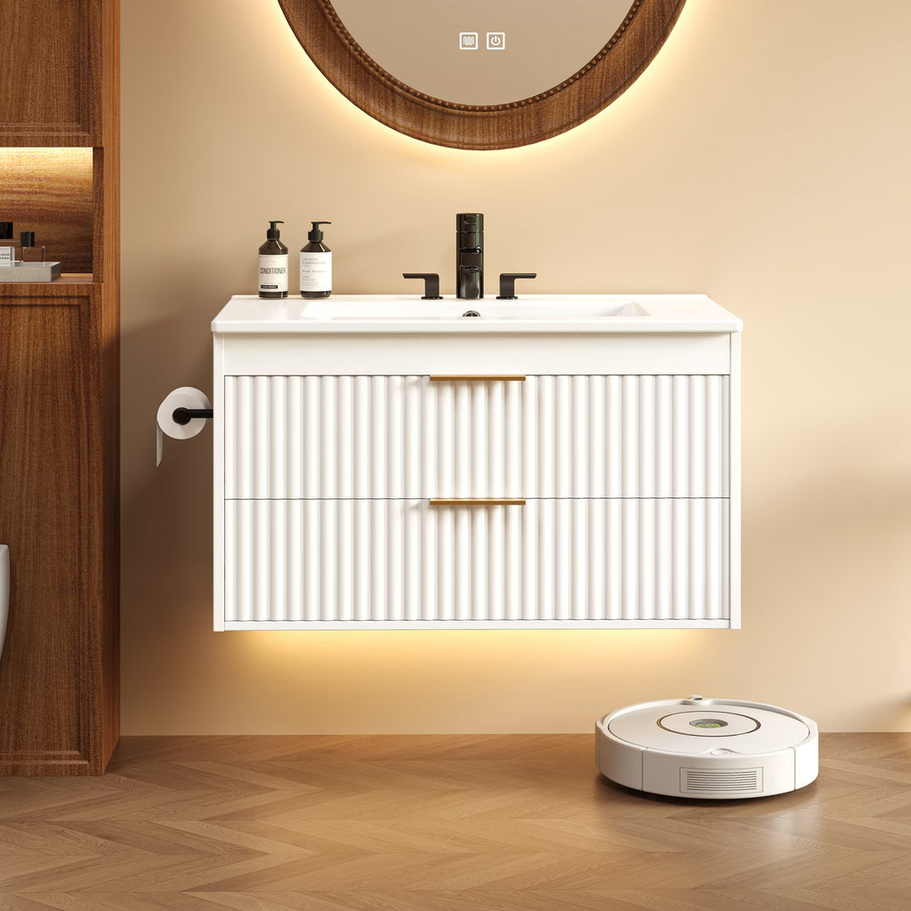 EVOKEDEN 30” Floating Bathroom Vanity with Sink, Wall-Mounted Vanity with 2 Drawers & LED Light, White