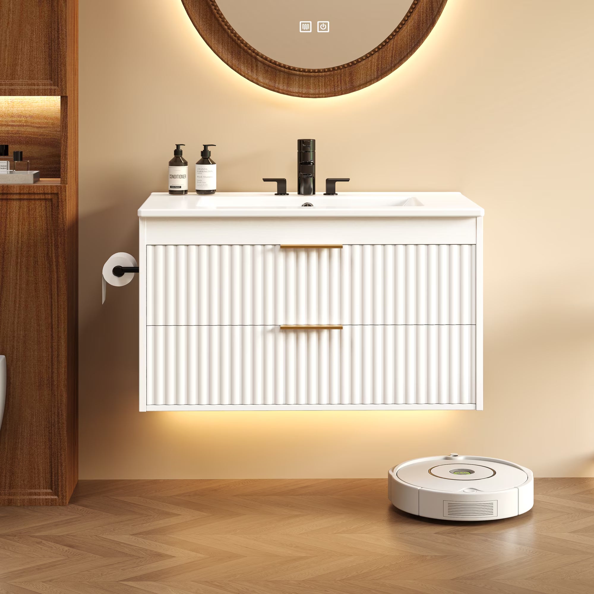 EVOKEDEN 30” Floating Bathroom Vanity with Sink, Wall-Mounted Vanity with 2 Drawers & LED Light, White