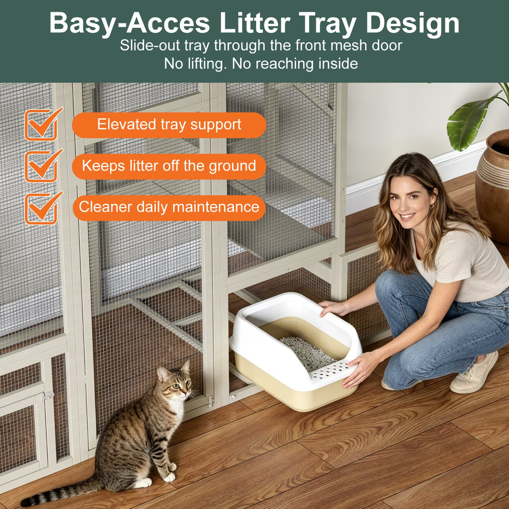 TIMHAKA 71'' Catio Outdoor Cat Enclosure, Large Cat Catio with Window Access, Hammock, 7 Platforms and 2 Resting Box, Gray