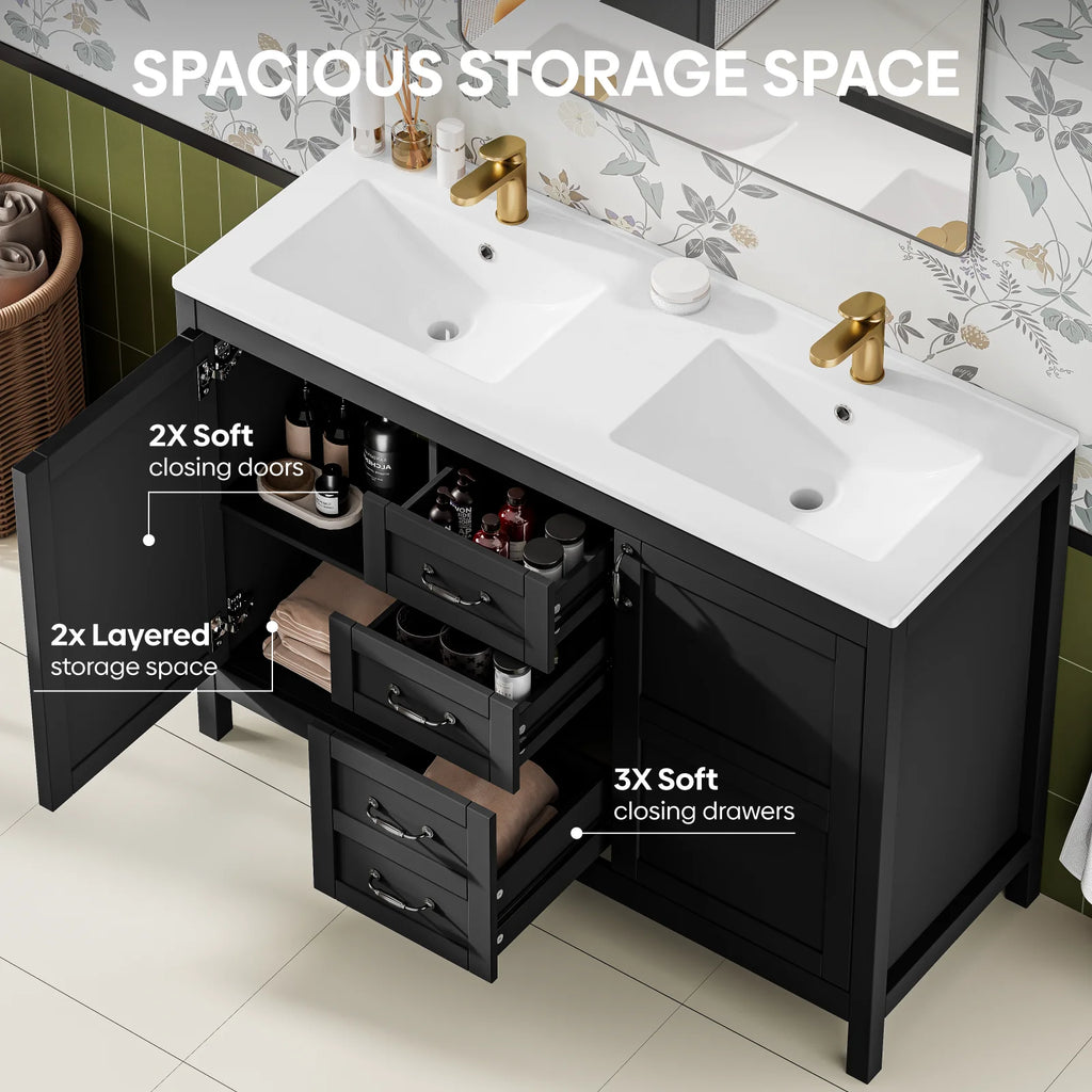 EVOKEDEN 48'' Bathroom Vanity with Sink Combo, Freestanding Farmhouse Thickened Wood Bathroom Storage Cabinet with Undermount Double Sink, 3 Drawers & 2 Soft-Close Doors with Organizers, Black