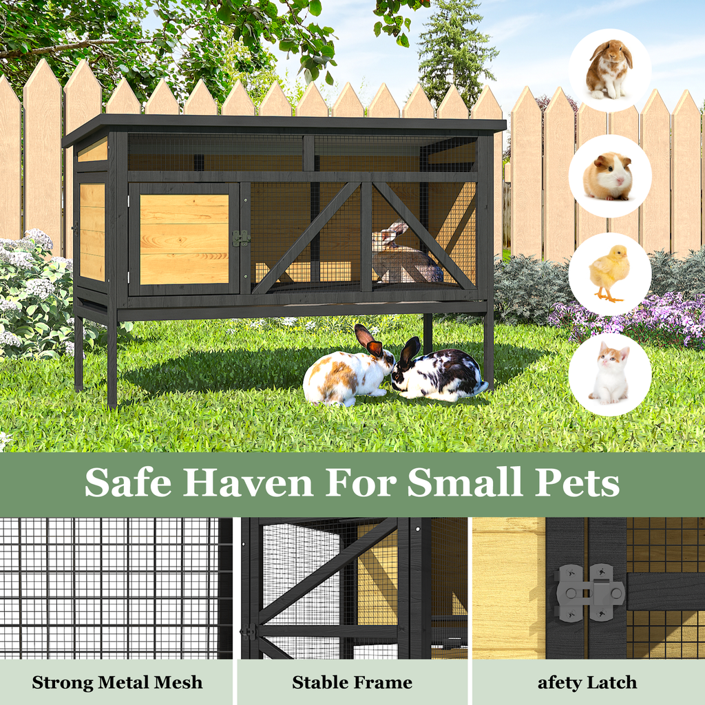 46.7" Elevated Rabbit Cage, Indoor & Outdoor Rabbit Hutch, Bunny Cage for Guinea Pig, Wooden Design with Removable Tray, Waterproof Asphalt Roof & Bottom Wire Mesh for Small-Medium Animals