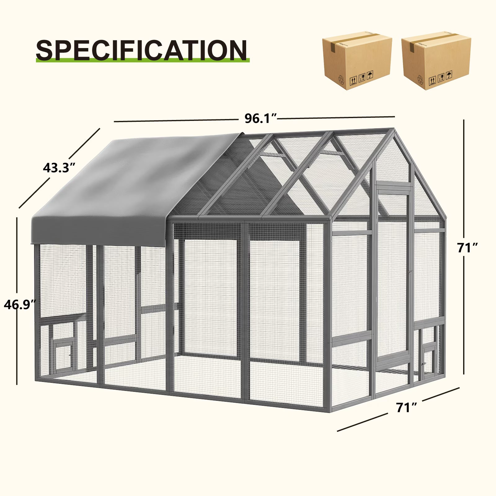 TIMHAKA 96” Outdoor Large Chicken Coop, Wooden Chicken Run w/ Cover for 12 Chickens, Gray