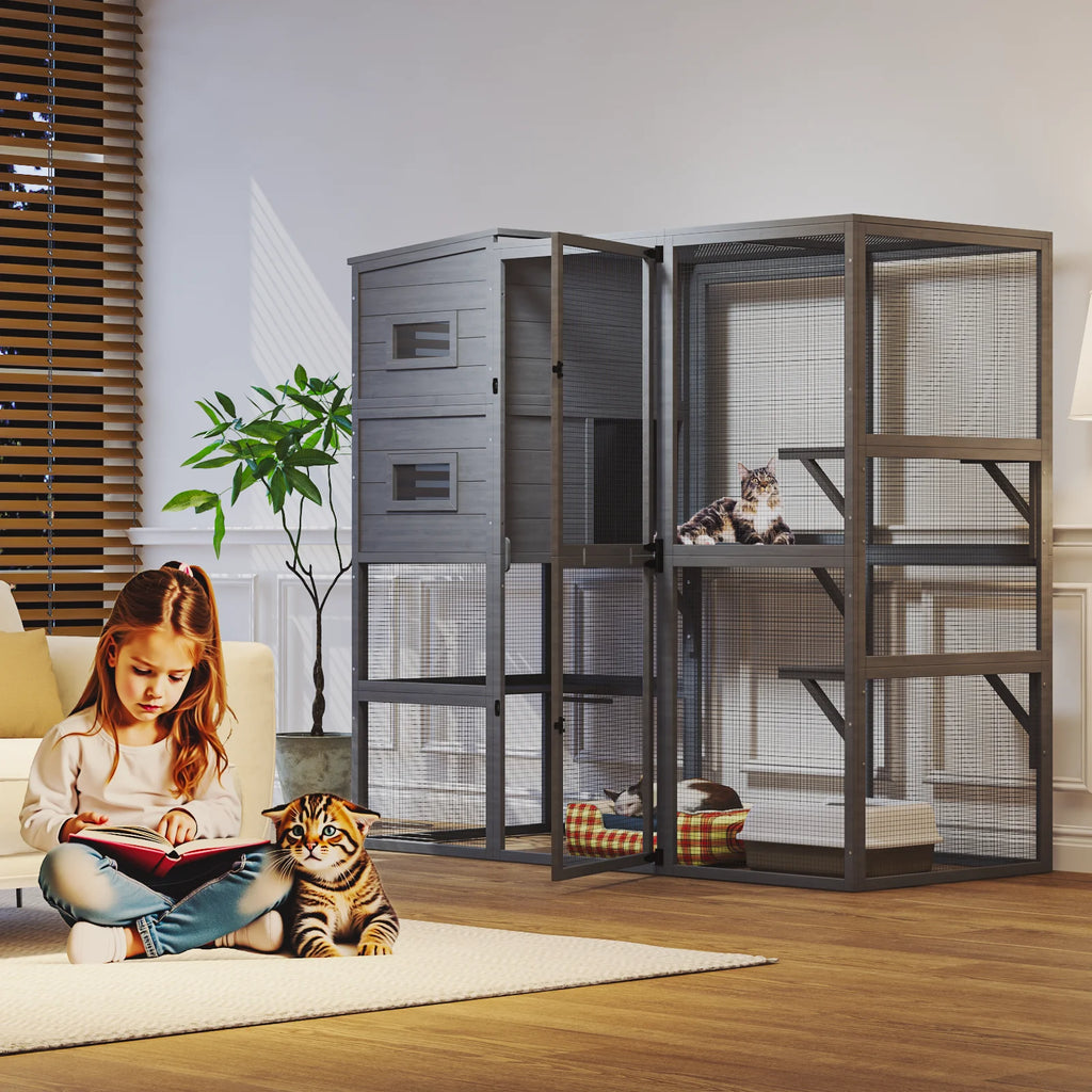 TIMHAKA 4 Tier Catio Outdoor Cat Enclosure, DIY Large Cat Cages Indoor with Window for 3 Cats, Cat Playpens with Resting Box, Platform, Waterproof Roof & Large Door, 76" L x 32.9" W x 70.8" H, Gray