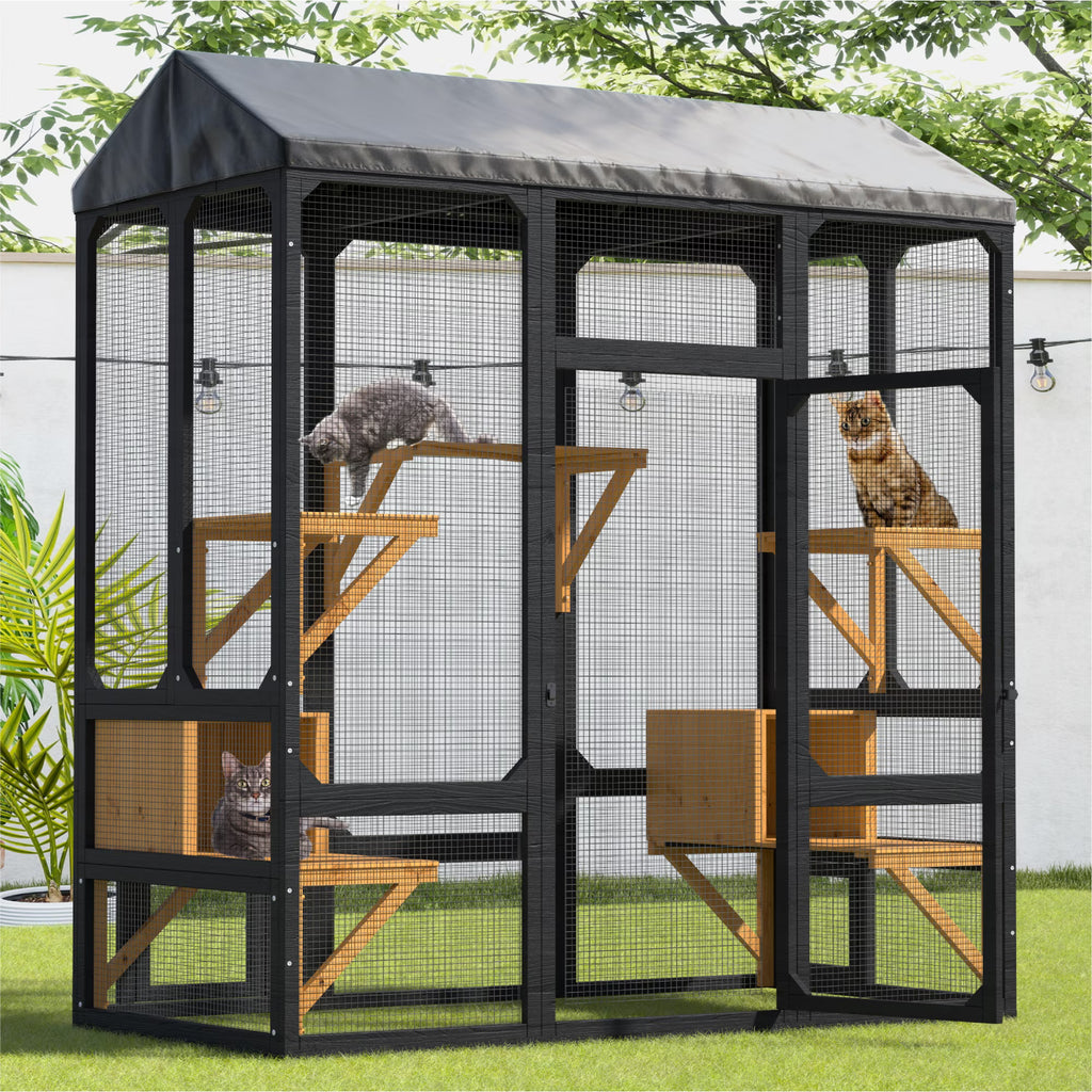 TIMHAKA 72” Catio Outdoor Cat Enclosure, Large Cat Catio for Multiple Cats, Outdoor Cats Enclosure with Waterproof Cover, Black & Yellow