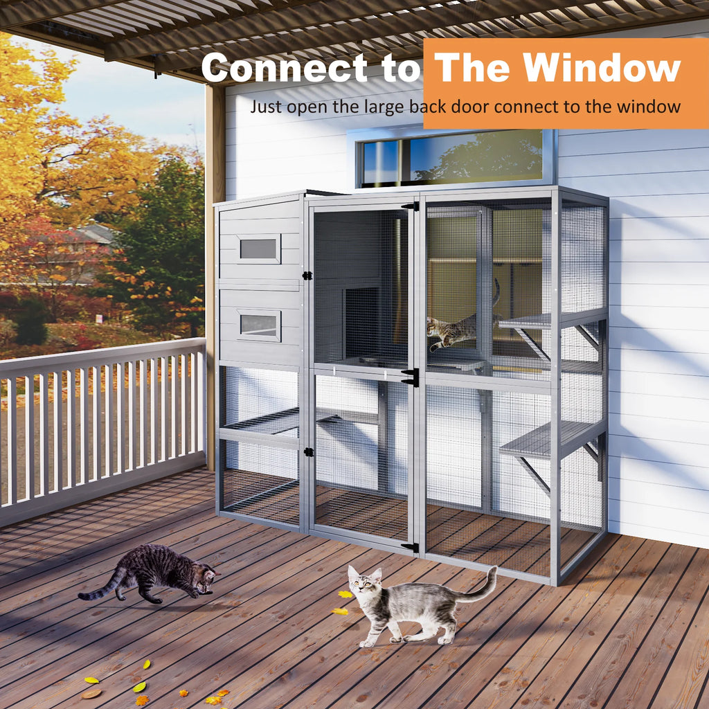 TIMHAKA 4 Tier Catio Outdoor Cat Enclosure, DIY Large Cat Cages Indoor with Window for 3 Cats, Cat Playpens with Resting Box, Platform, Waterproof Roof & Large Door, 76" L x 32.9" W x 70.8" H, Gray
