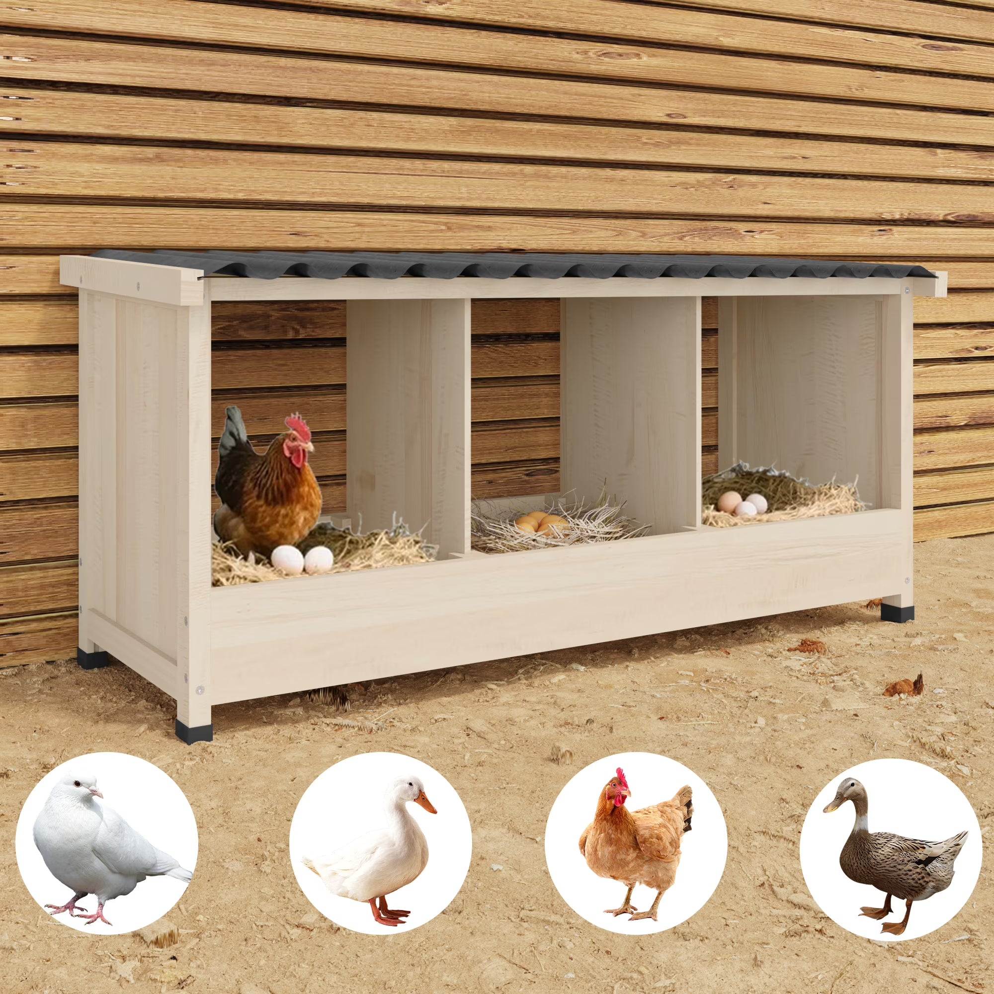 TIMHAKA Chicken Nesting Box, 3 Holes Wooden Chicken Coop w/ PVC Roof for Hens, Ducks, and Poultry