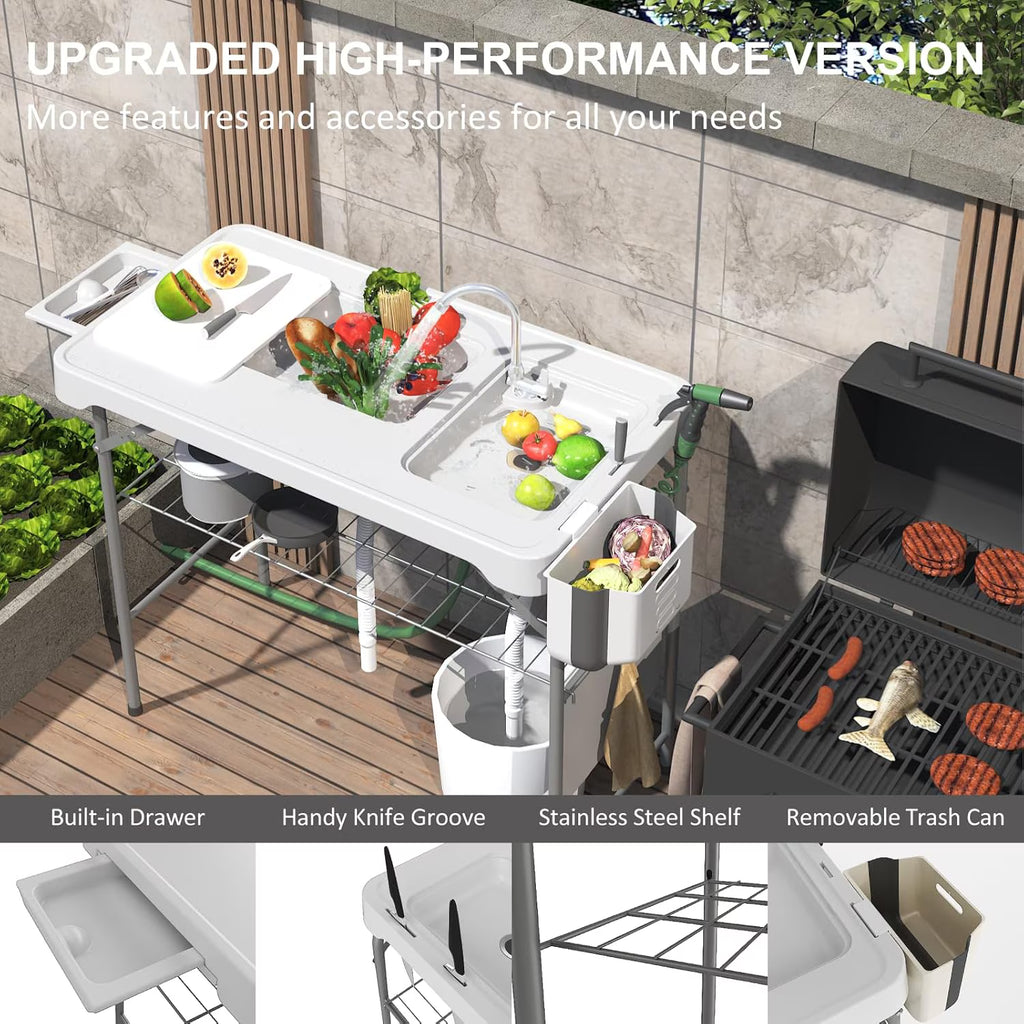 EVOKEDEN 42.5" Fish Cleaning Table wi/ Dual Sink, Portable Folding Camping Table w/ Faucet, Sprayer, Grid Rack, Hose Hook Up & Knife Groove