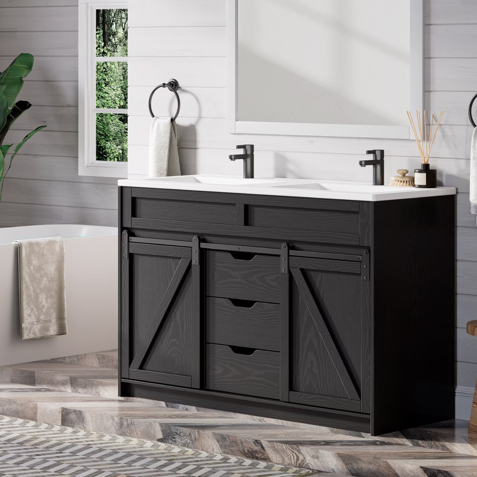 EVOKEDEN 48" Bathroom Vanity with Double Sink Combo, Farmhouse Bathroom Cabinet Set with Sliding Barn Door & 3 Drawers, Black