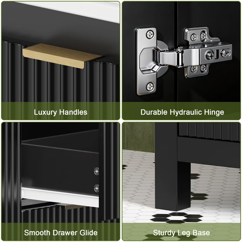 EVOKEDEN 30" Fluted Bathroom Vanity with Sink, Freestanding Vanity Cabinet with 3 Drawers, Black