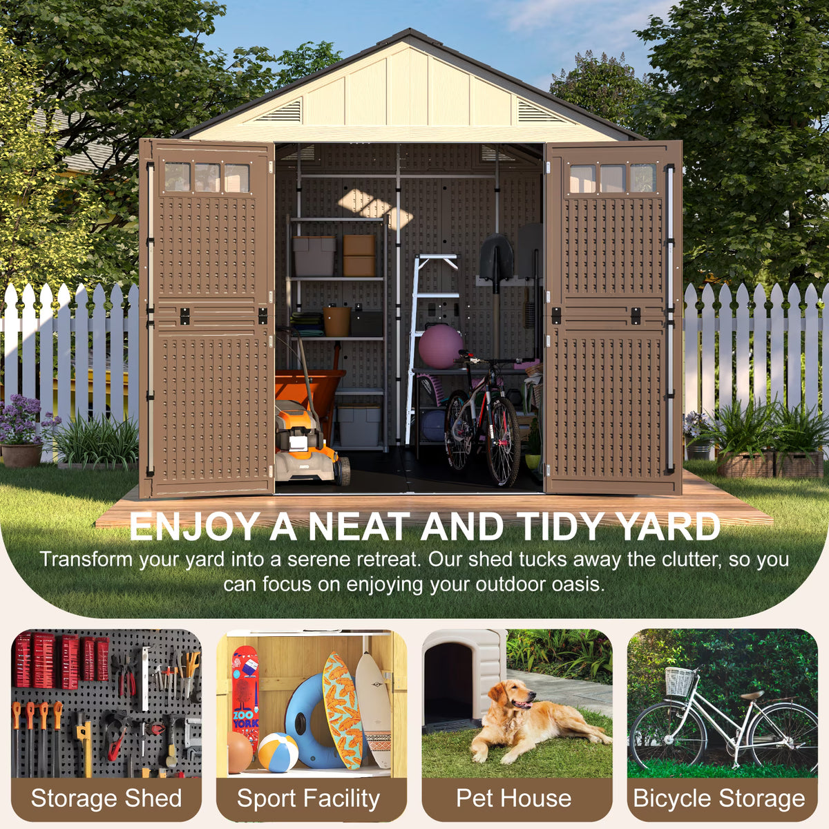 EVOKEDEN 8x12 FT Outdoor Storage Shed with Floor, Waterproof HDPE Garden Tool House with Window & Skylight for Backyard Patio Lawn Pool Mower Bike Supplies