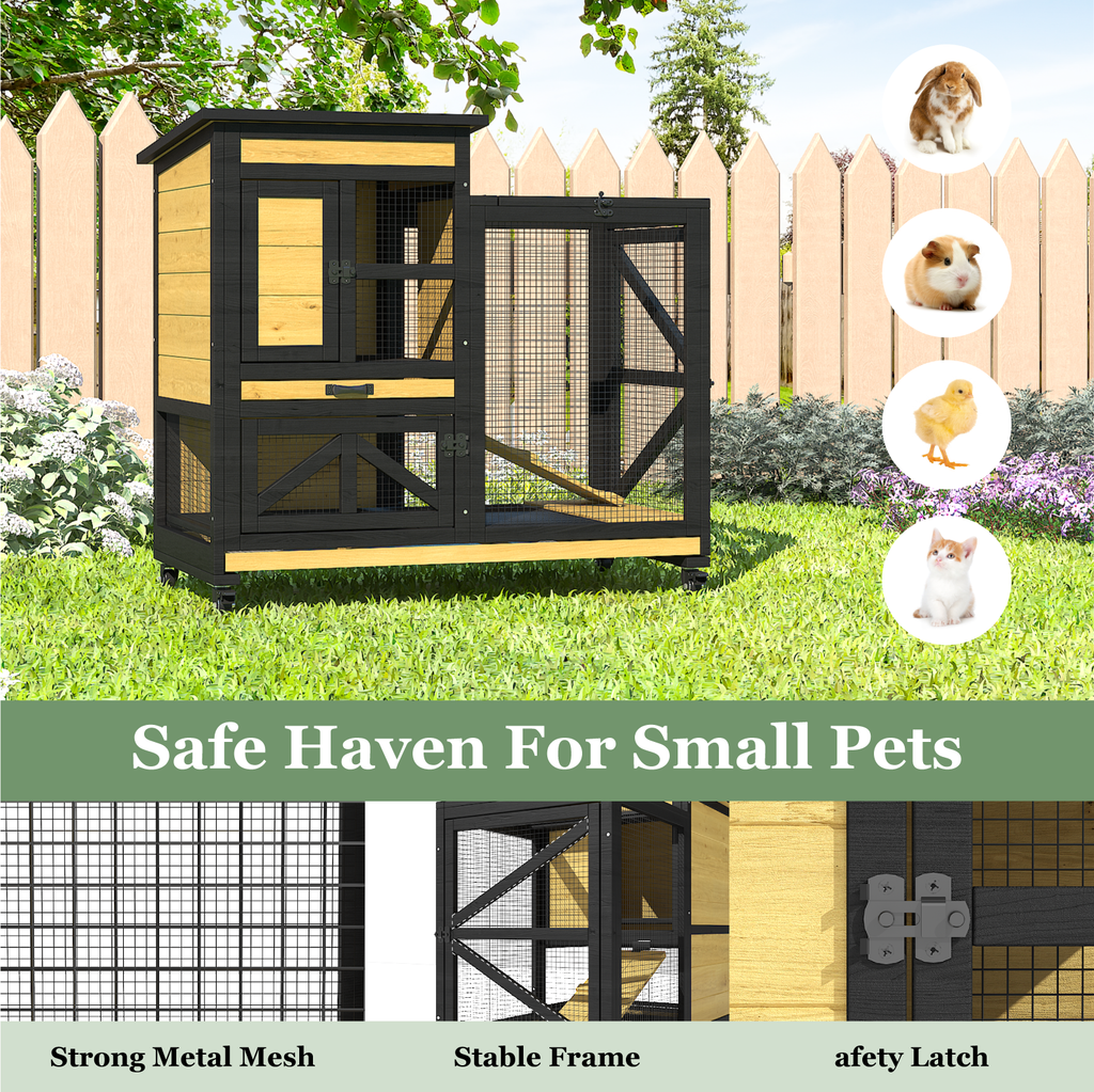 TIMHAKA Large 2-Story Rabbit Cage with Run – Indoor & Outdoor Bunny Hutch 2 Removable Trays, Waterproof Roof, 4 Metal Wheels