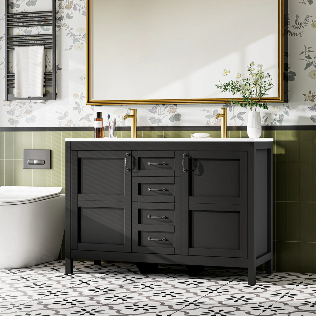 EVOKEDEN 48'' Bathroom Vanity with Sink Combo, Freestanding Farmhouse Thickened Wood Bathroom Storage Cabinet with Undermount Double Sink, 3 Drawers & 2 Soft-Close Doors with Organizers, Black