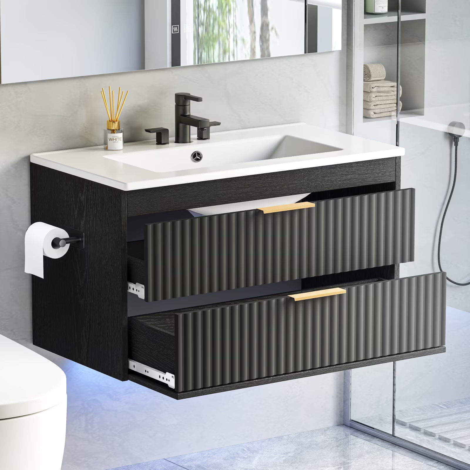 EVOKEDEN 30” Floating Bathroom Vanity with Sink, Wall-Mounted Vanity with 2 Drawers & LED Light, Black