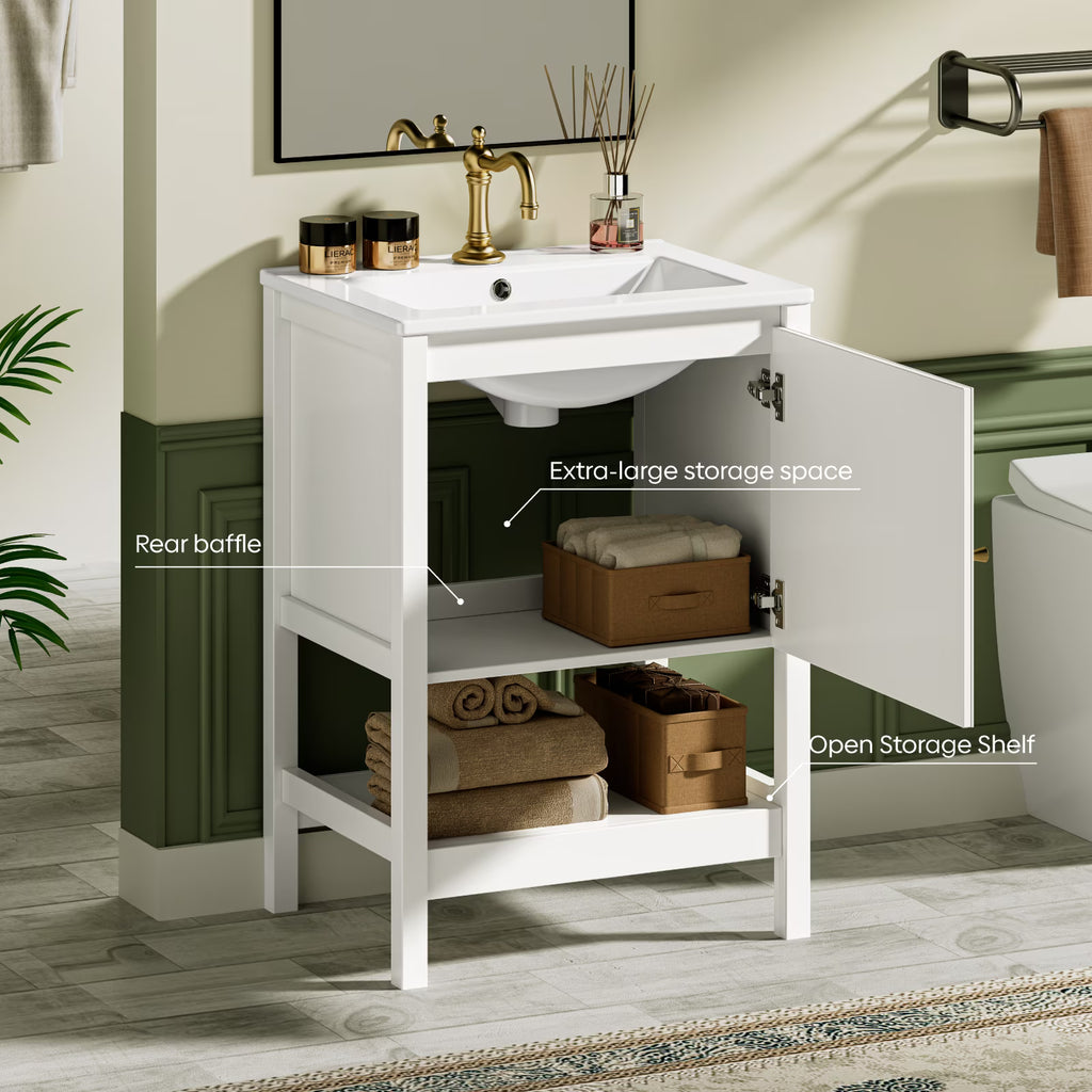 EVOKEDEN 24" Bathroom Vanity with Sink, Small Farmhouse Freestanding Bathroom Cabinet Combo Set, Soft Closing Door and Open Storage Shelf, White