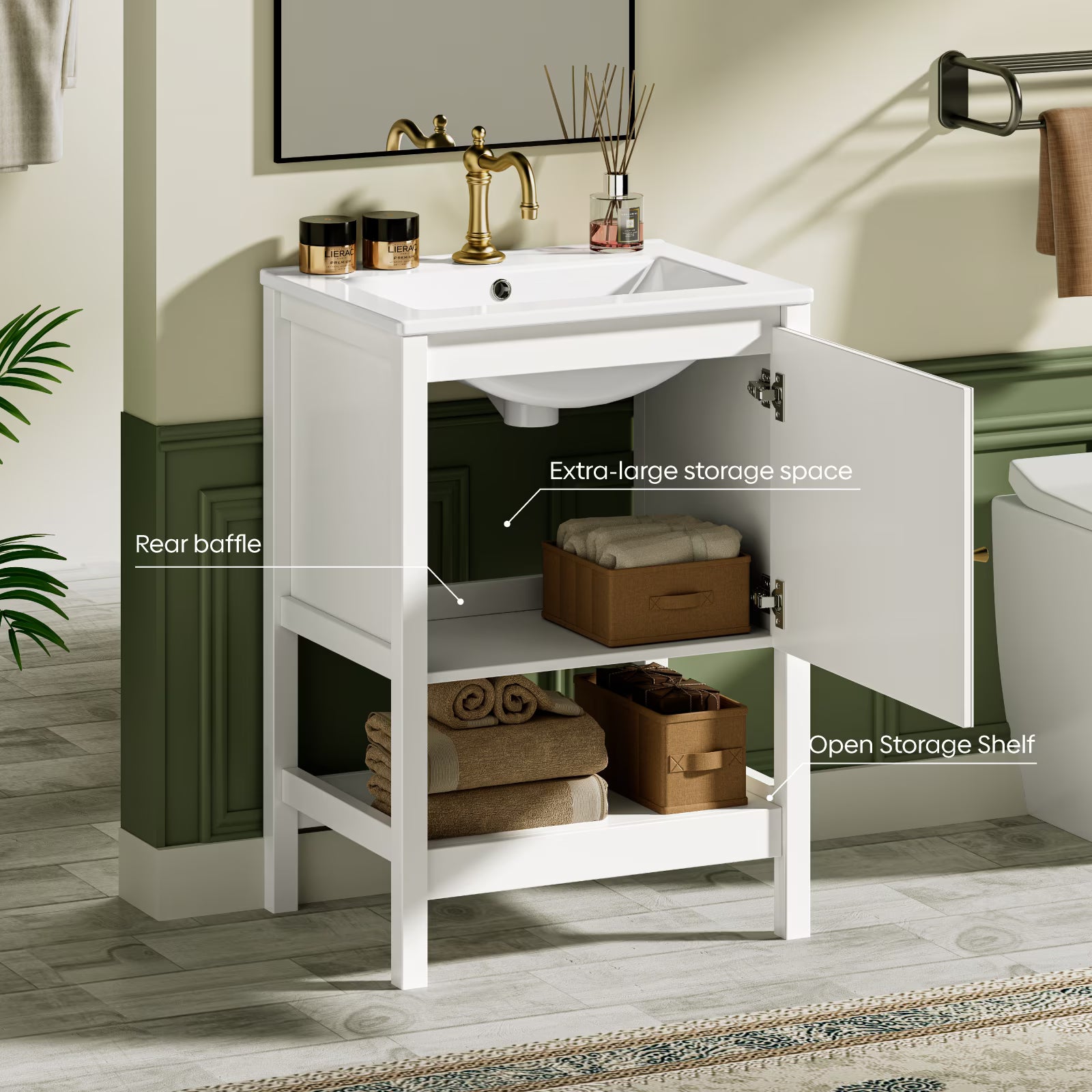 EVOKEDEN 24" Bathroom Vanity with Sink, Small Farmhouse Freestanding Bathroom Cabinet Combo Set, Soft Closing Door and Open Storage Shelf, White
