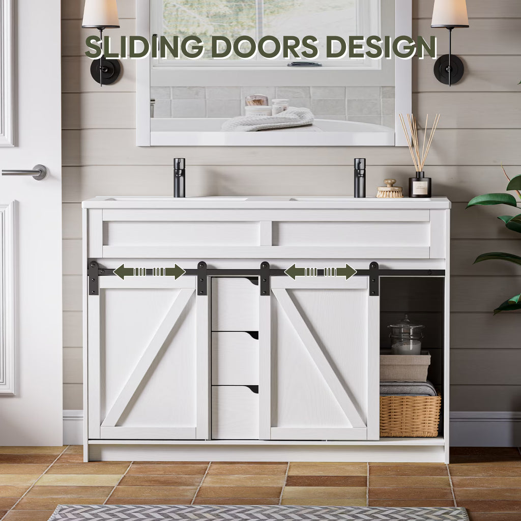 EVOKEDEN 48" Bathroom Vanity with Double Sink Combo, Farmhouse Bathroom Cabinet Set with Sliding Barn Door & 3 Drawers, White