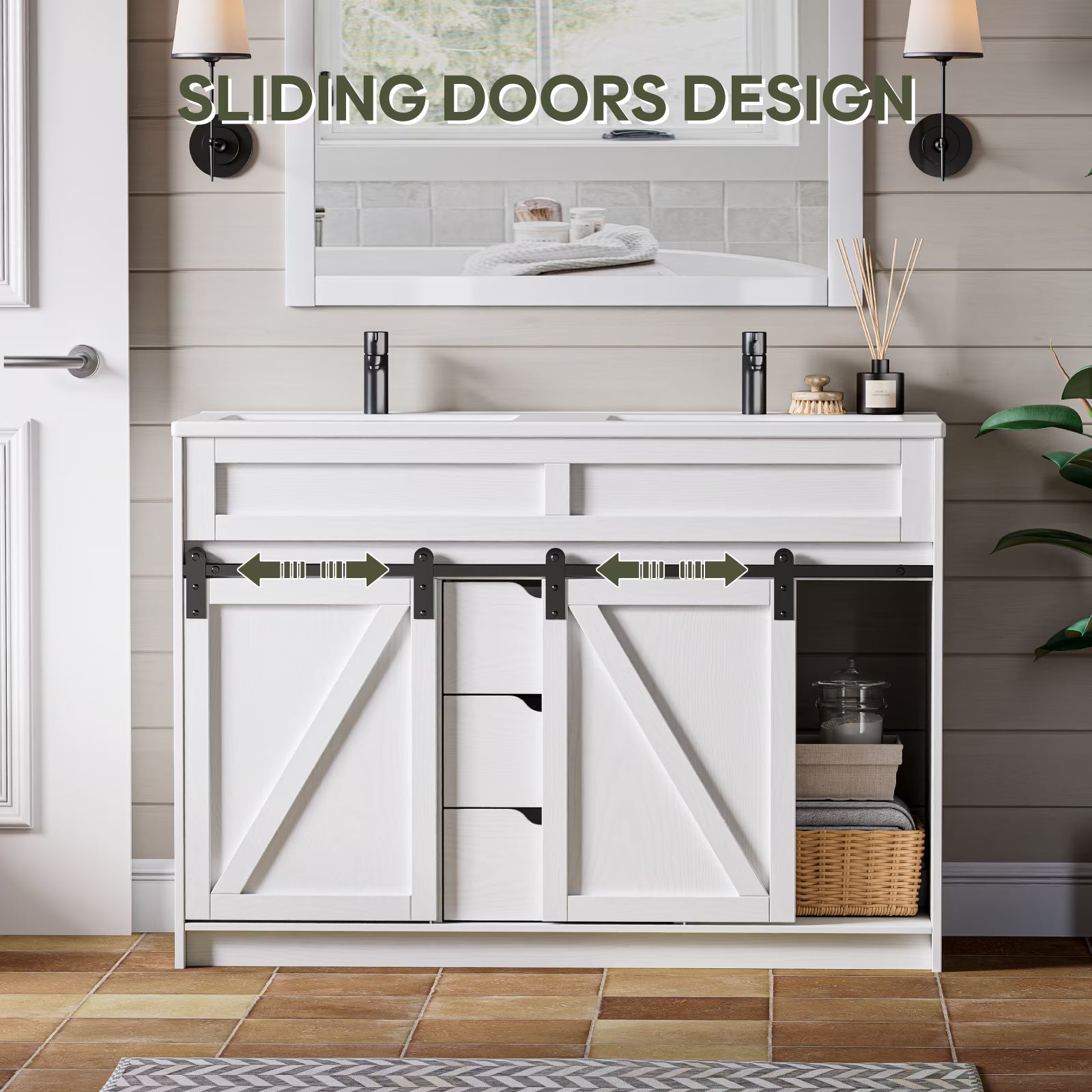EVOKEDEN 48" Bathroom Vanity with Double Sink Combo, Farmhouse Bathroom Cabinet Set with Sliding Barn Door & 3 Drawers, White