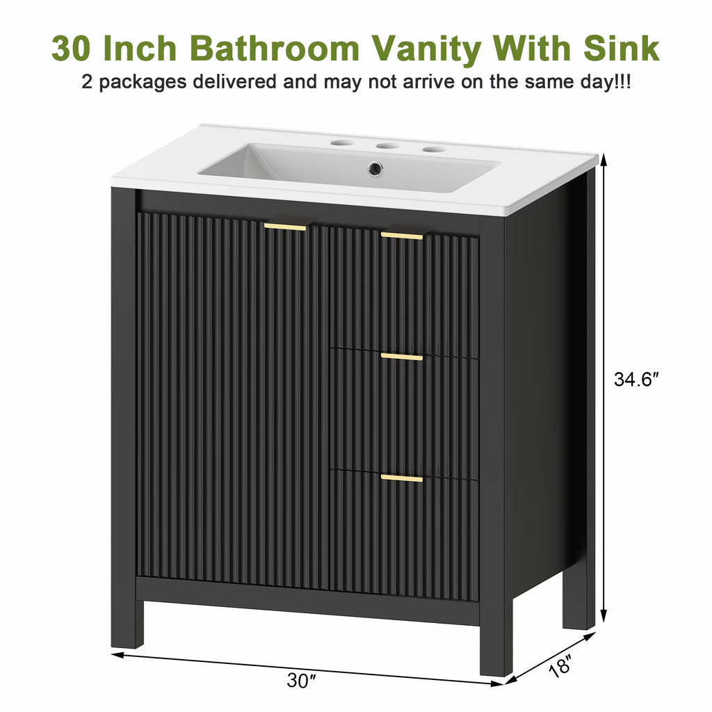 EVOKEDEN 30" Fluted Bathroom Vanity with Sink, Freestanding Vanity Cabinet with 3 Drawers, Black
