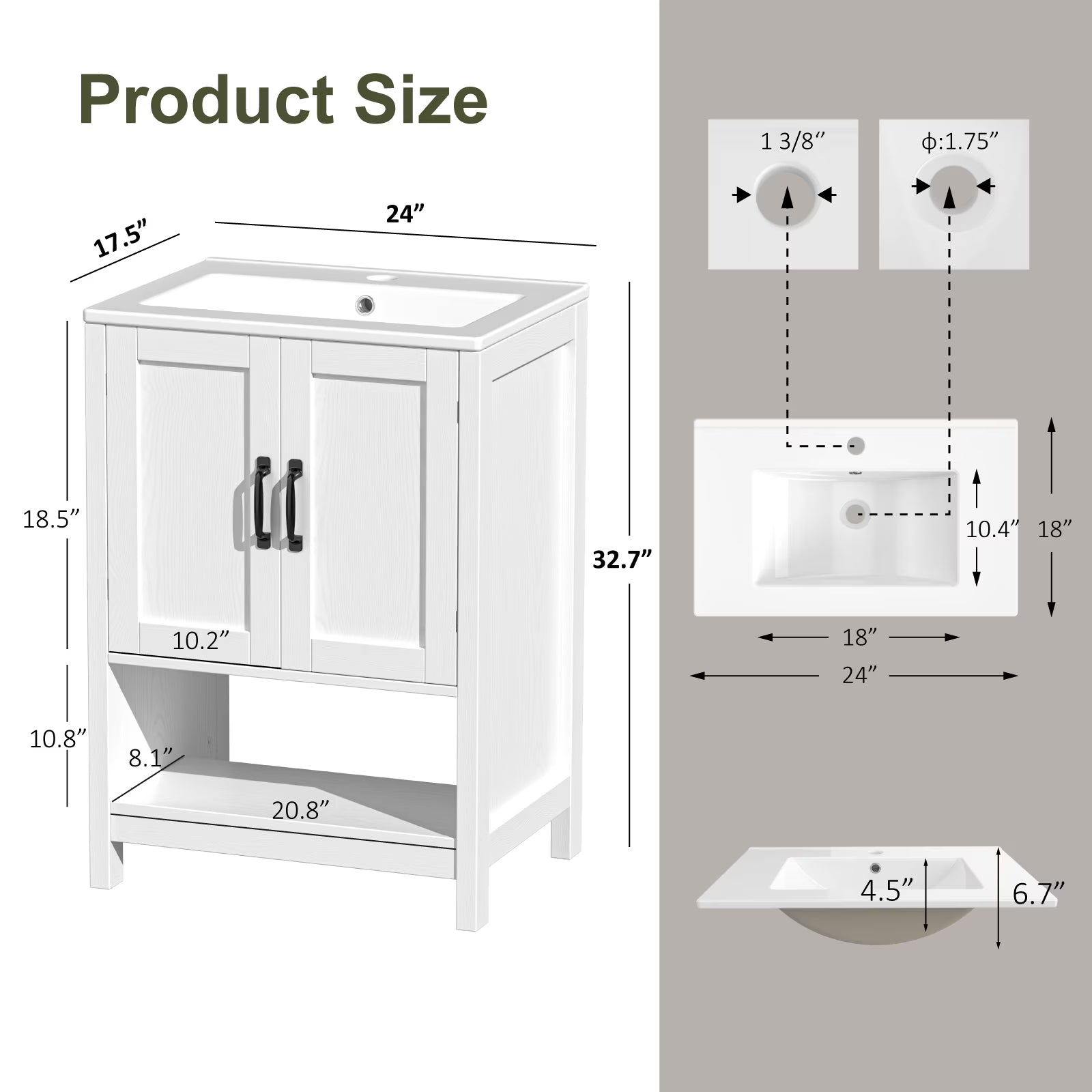 EVOKEDEN 24" Bathroom Vanity with Sink, Freestanding Modern Cabinet Vanity with LED Light, 2 Soft Closing Cabinet Door with Organizer, White