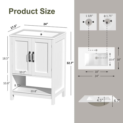 EVOKEDEN 24" Bathroom Vanity with Sink, Freestanding Modern Cabinet Vanity with LED Light, 2 Soft Closing Cabinet Door with Organizer, White