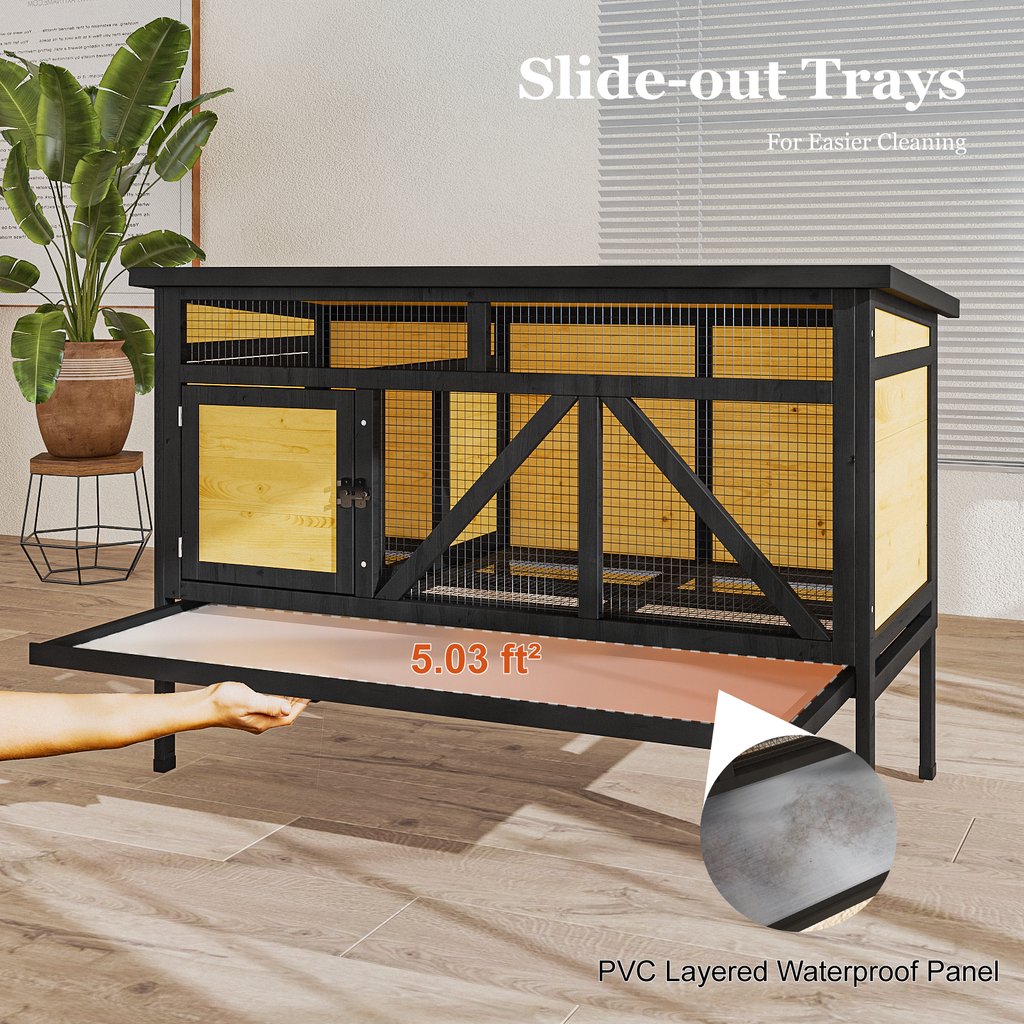 46.7" Elevated Rabbit Cage, Indoor & Outdoor Rabbit Hutch, Bunny Cage for Guinea Pig, Wooden Design with Removable Tray, Waterproof Asphalt Roof & Bottom Wire Mesh for Small-Medium Animals