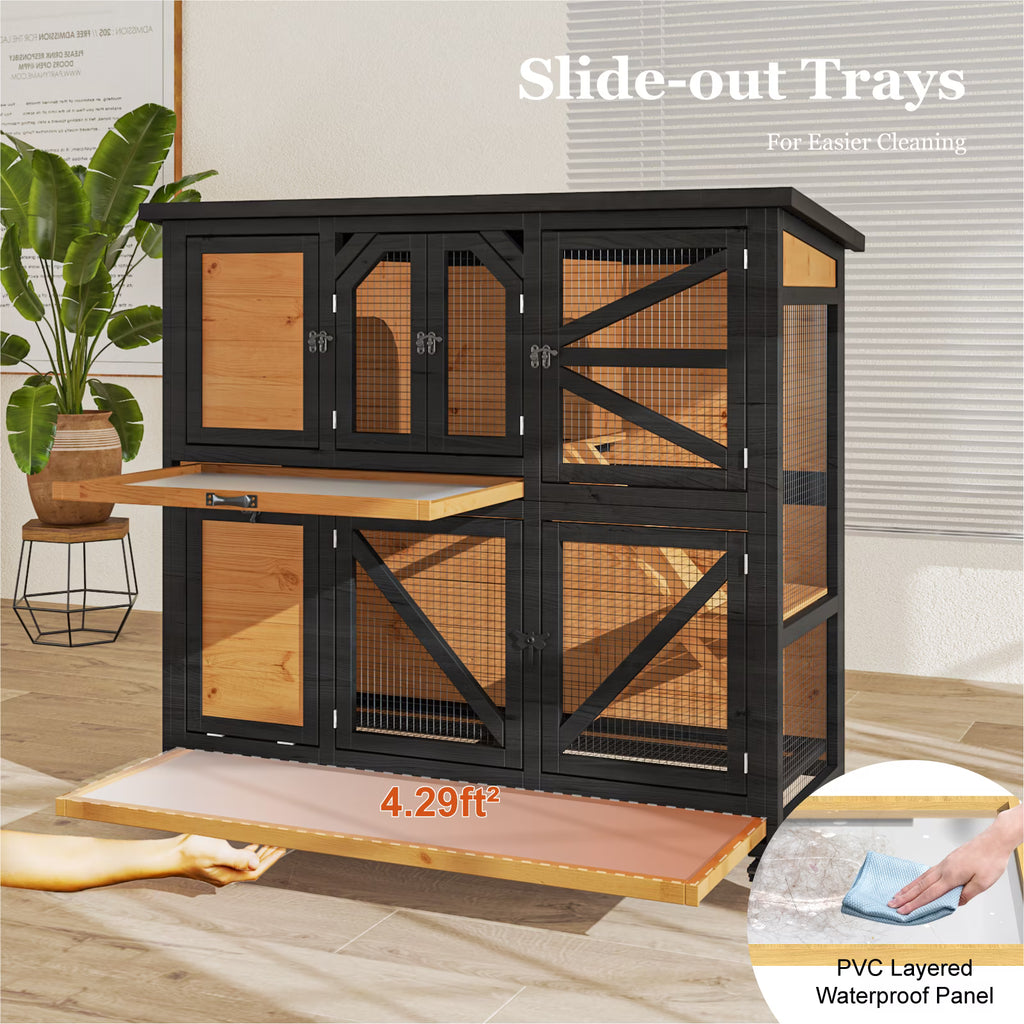 TIMHAKA Two-Story Wooden Rabbit Hutch w/ Wheels, Indoor & Outdoor Bunny Cage, Guinea Pig Cage w/ Removable Trays