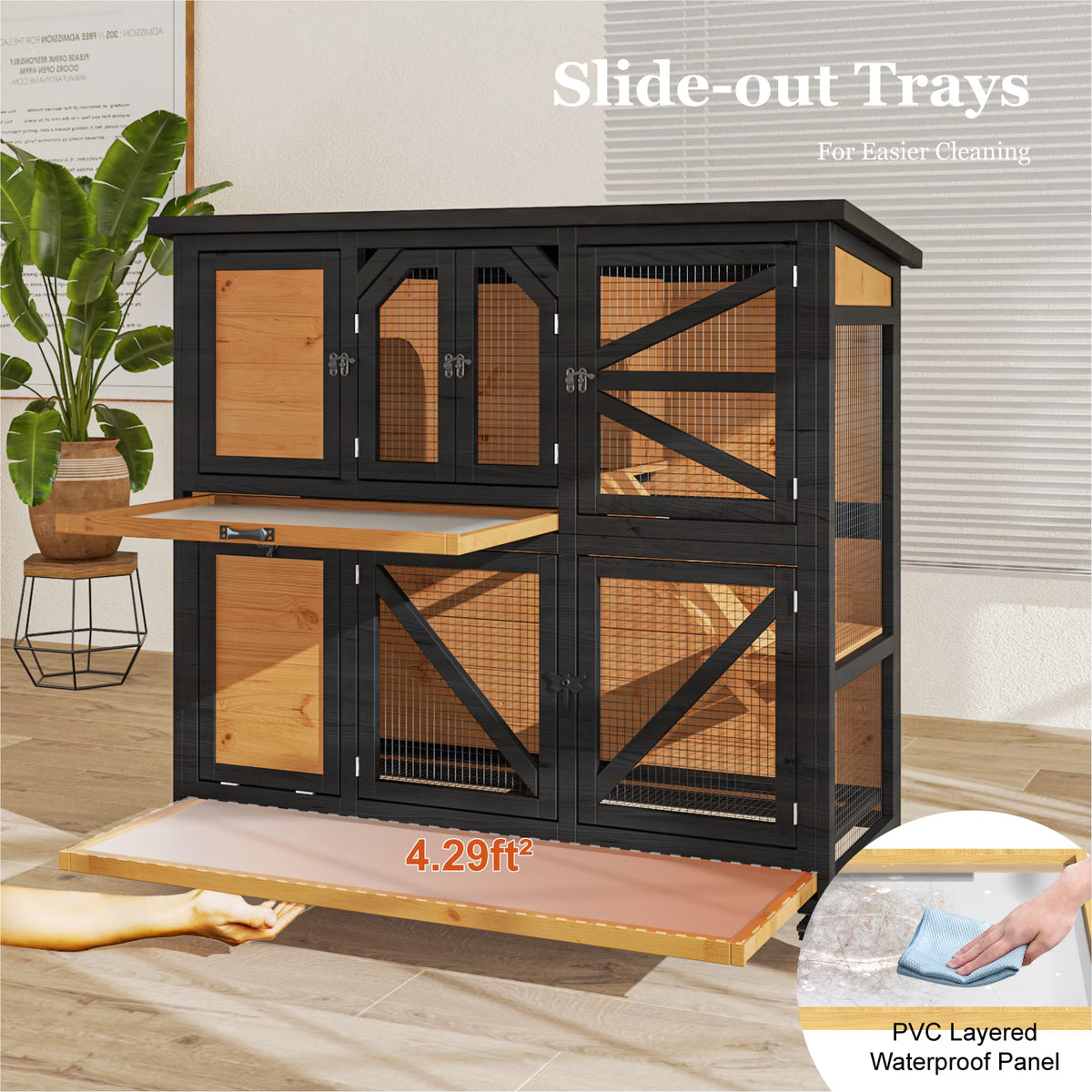 TIMHAKA Two-Story Wooden Rabbit Hutch w/ Wheels, Indoor & Outdoor Bunny Cage, Guinea Pig Cage w/ Removable Trays
