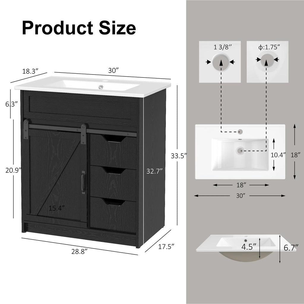 EVOKEDEN 30" Bathroom Vanity with Sink, Bathroom Storage Cabinet with Sliding Barn Door, Farmhouse Bathroom Cabinet with 3 Drawers, Black