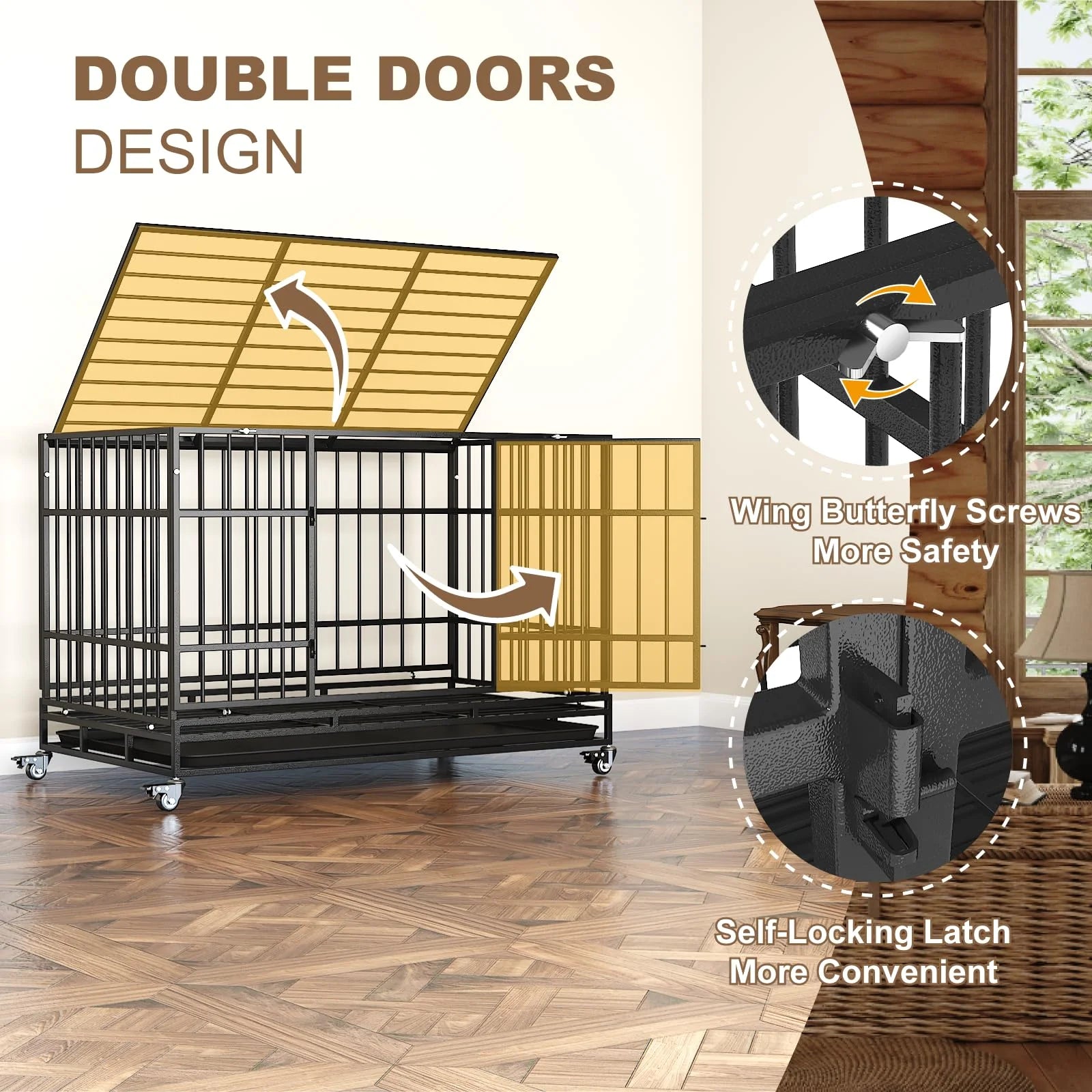 TIMHAKA Heavy Duty 2-Door 48" Pet Kennel and Crate for Large Dogs with Wheels