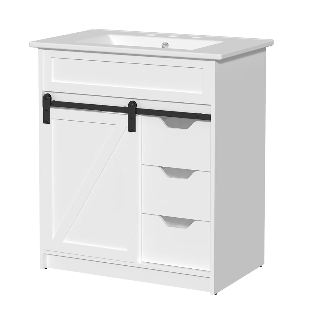 EVOKEDEN 30" Bathroom Vanity with Sink, Bathroom Storage Cabinet with Sliding Barn Door, Farmhouse Bathroom Cabinet with 3 Drawers, White