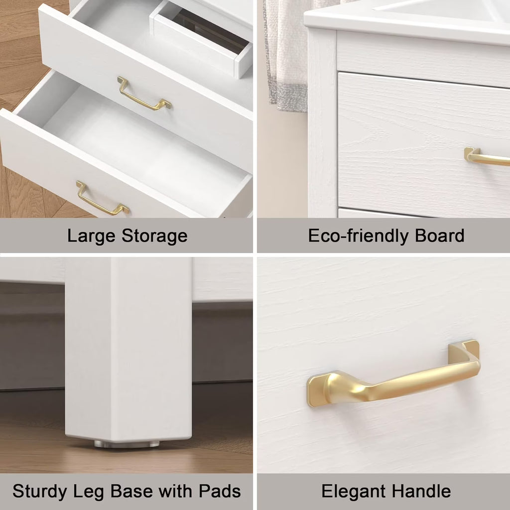 EVOKEDEN 24” Bathroom Vanity with Sink, Modern Bathroom Cabinet Set with LED Light for Small Space, 2 Soft-Close Drawers with Organizer, White