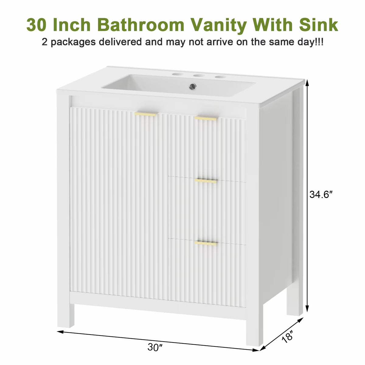 EVOKEDEN 30" Fluted Bathroom Vanity with Sink, Freestanding Vanity Cabinet with 3 Drawers, White