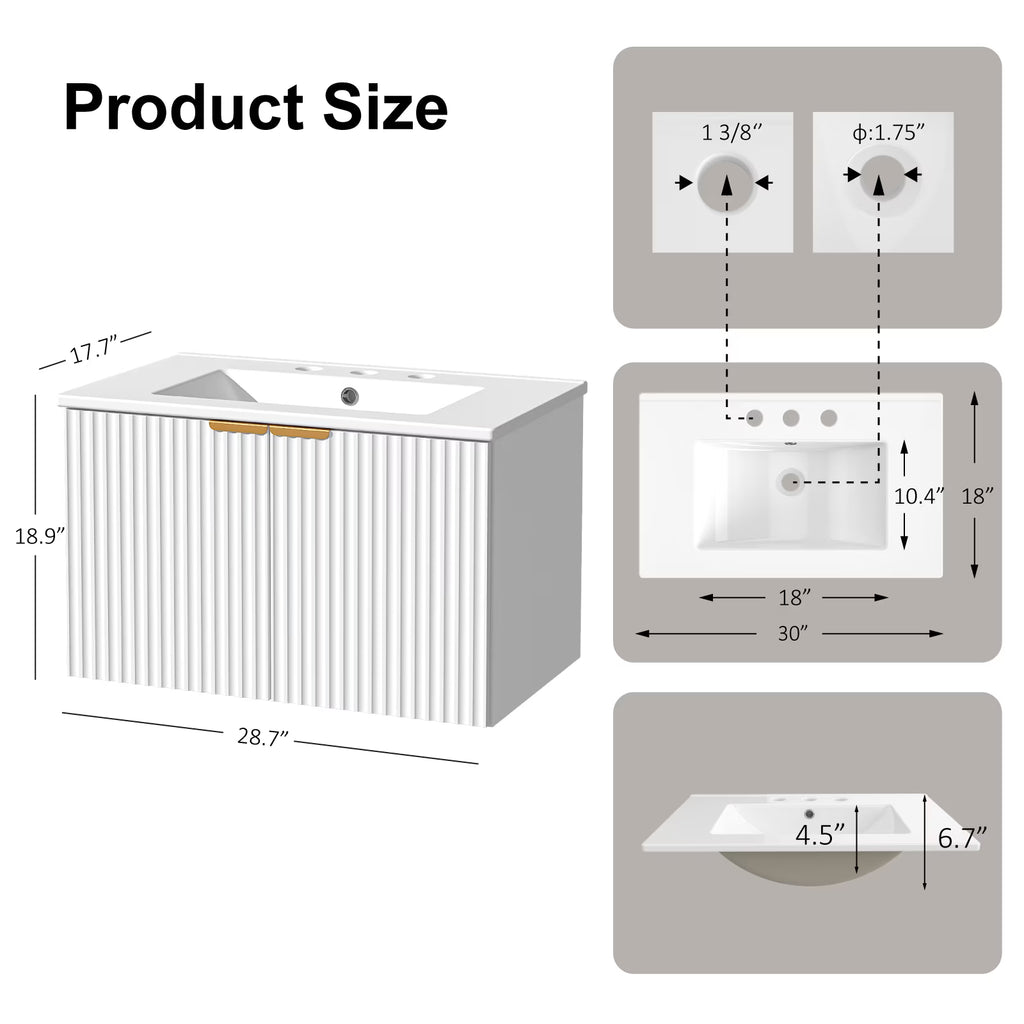 EVOKEDEN 30" Wall Mounted Floating Vanity Cabinet w/ LED Light, Metal Handle & Double Soft-Close Doors, White